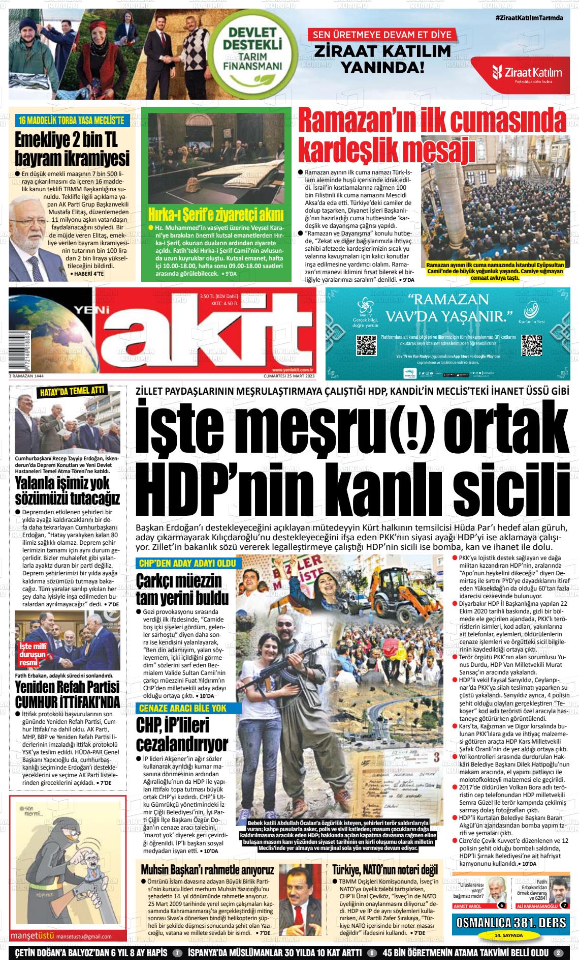 25 Mart 2023 Yeni Akit Gazete Manşeti