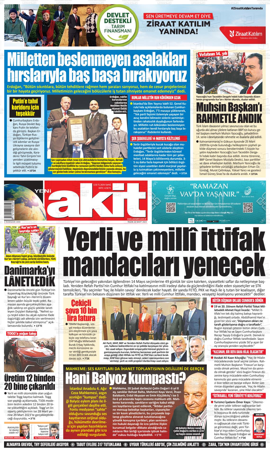 26 Mart 2023 Yeni Akit Gazete Manşeti