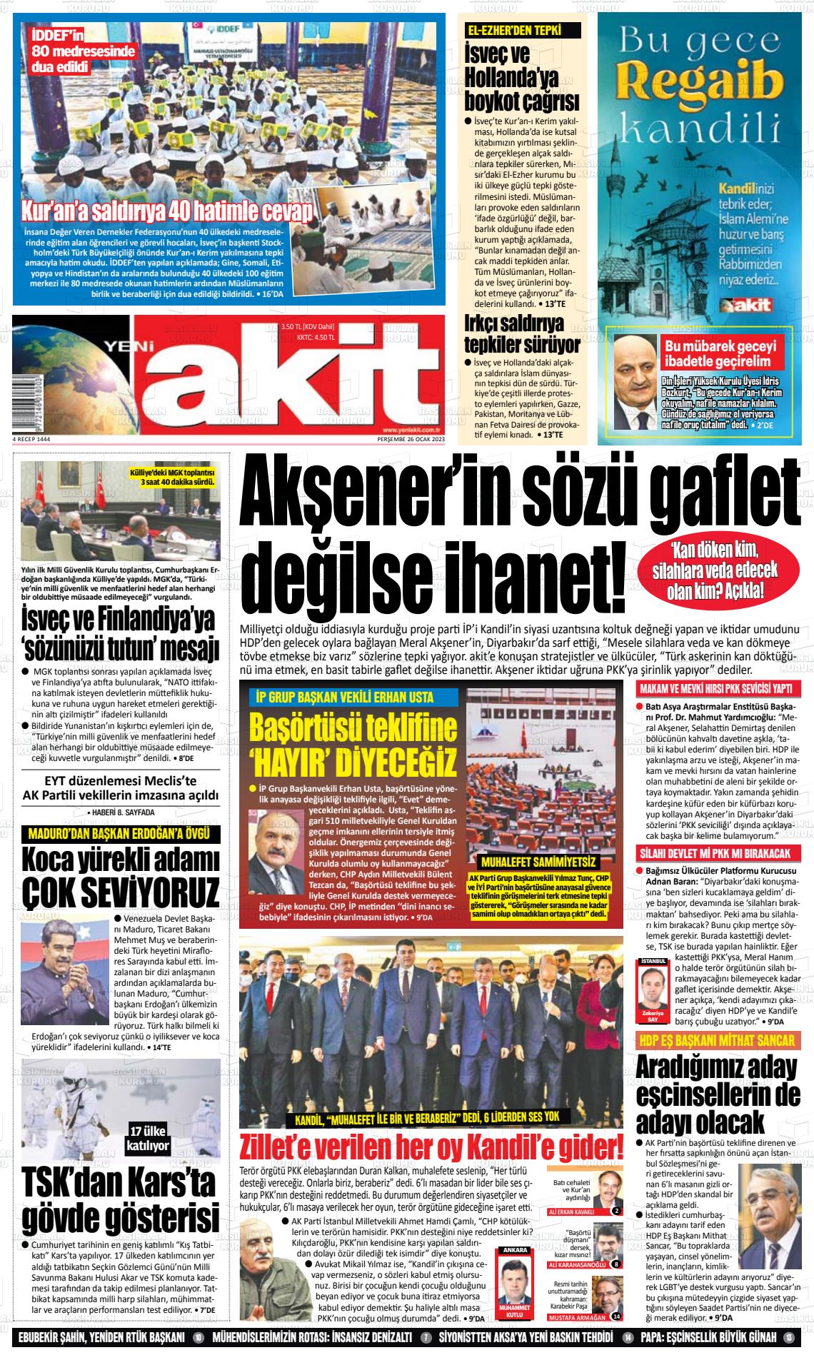 26 Ocak 2023 Yeni Akit Gazete Manşeti