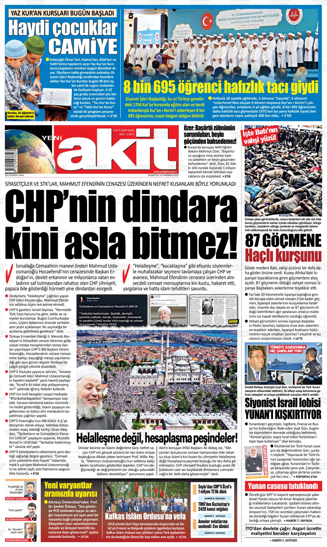 27 Haziran 2022 Yeni Akit Gazete Manşeti
