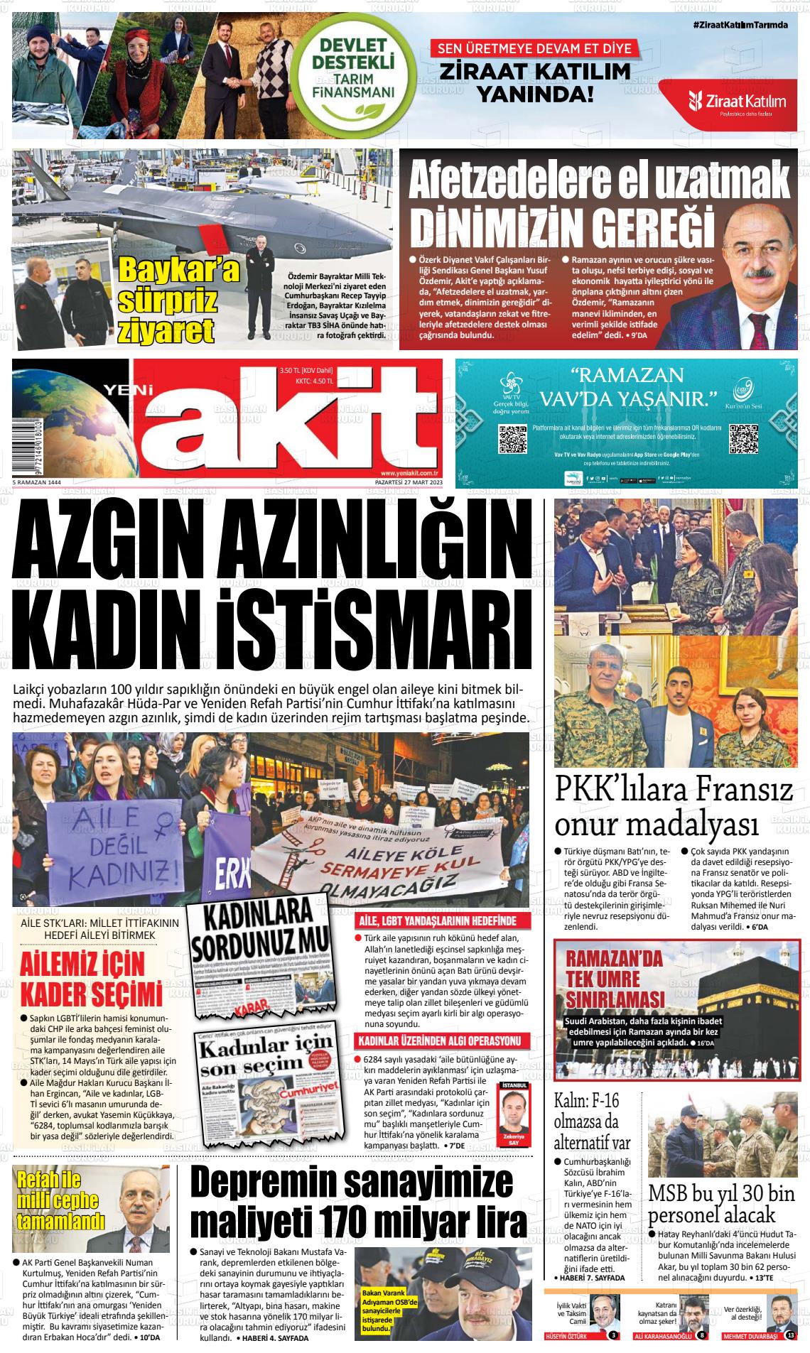 27 Mart 2023 Yeni Akit Gazete Manşeti