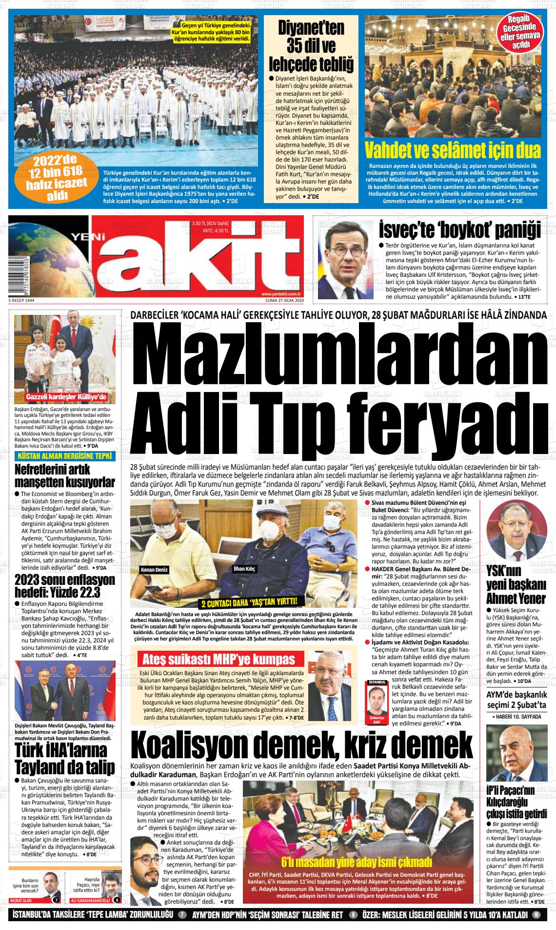 27 Ocak 2023 Yeni Akit Gazete Manşeti