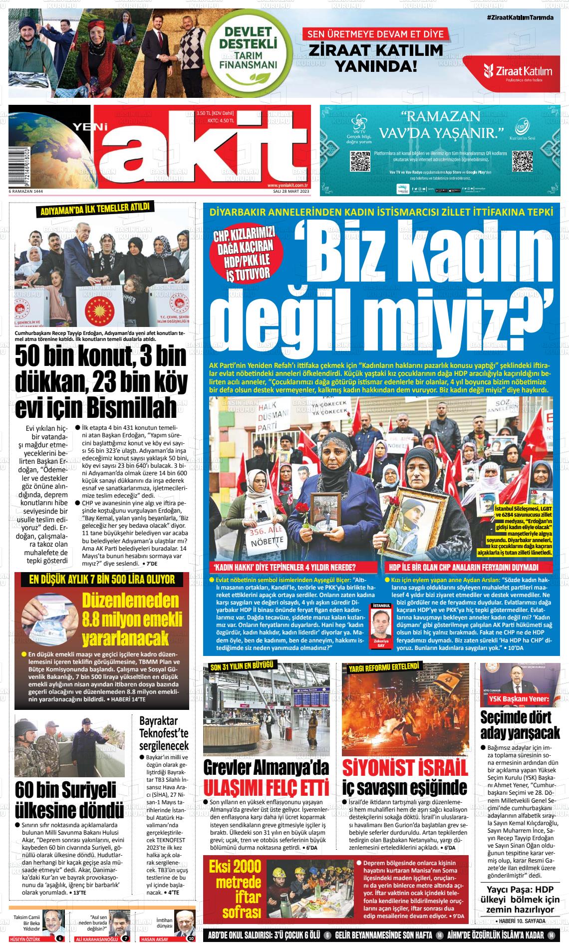 28 Mart 2023 Yeni Akit Gazete Manşeti