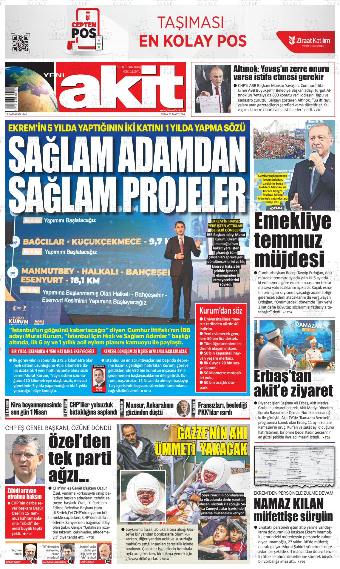 29 Mart 2024 Yeni Akit Gazete Manşeti