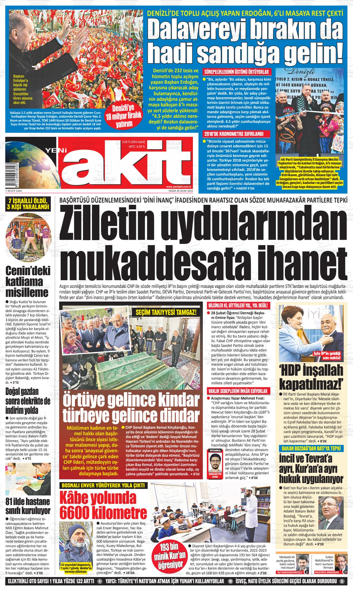 29 Ocak 2023 Yeni Akit Gazete Manşeti