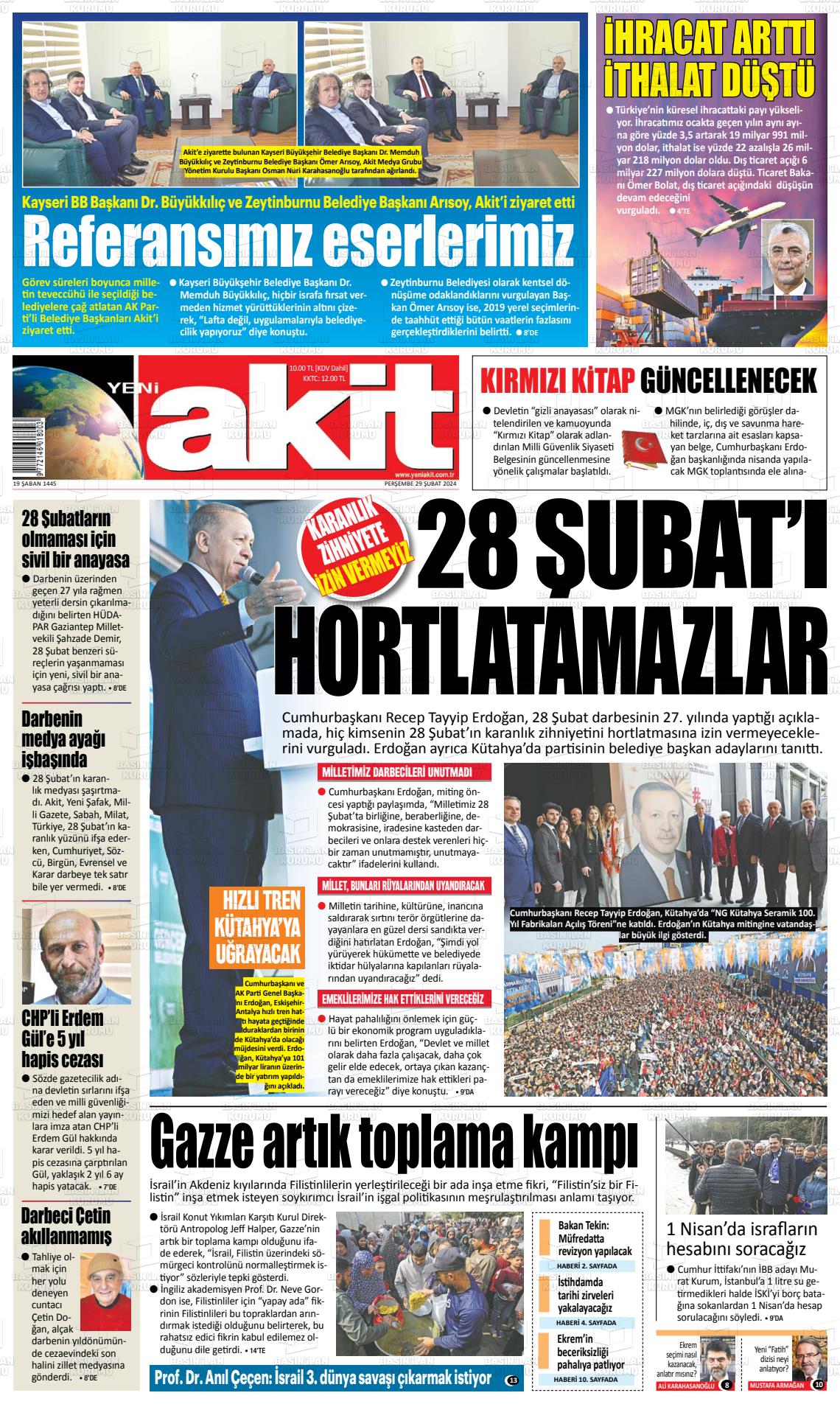 01 Mart 2024 Yeni Akit Gazete Manşeti