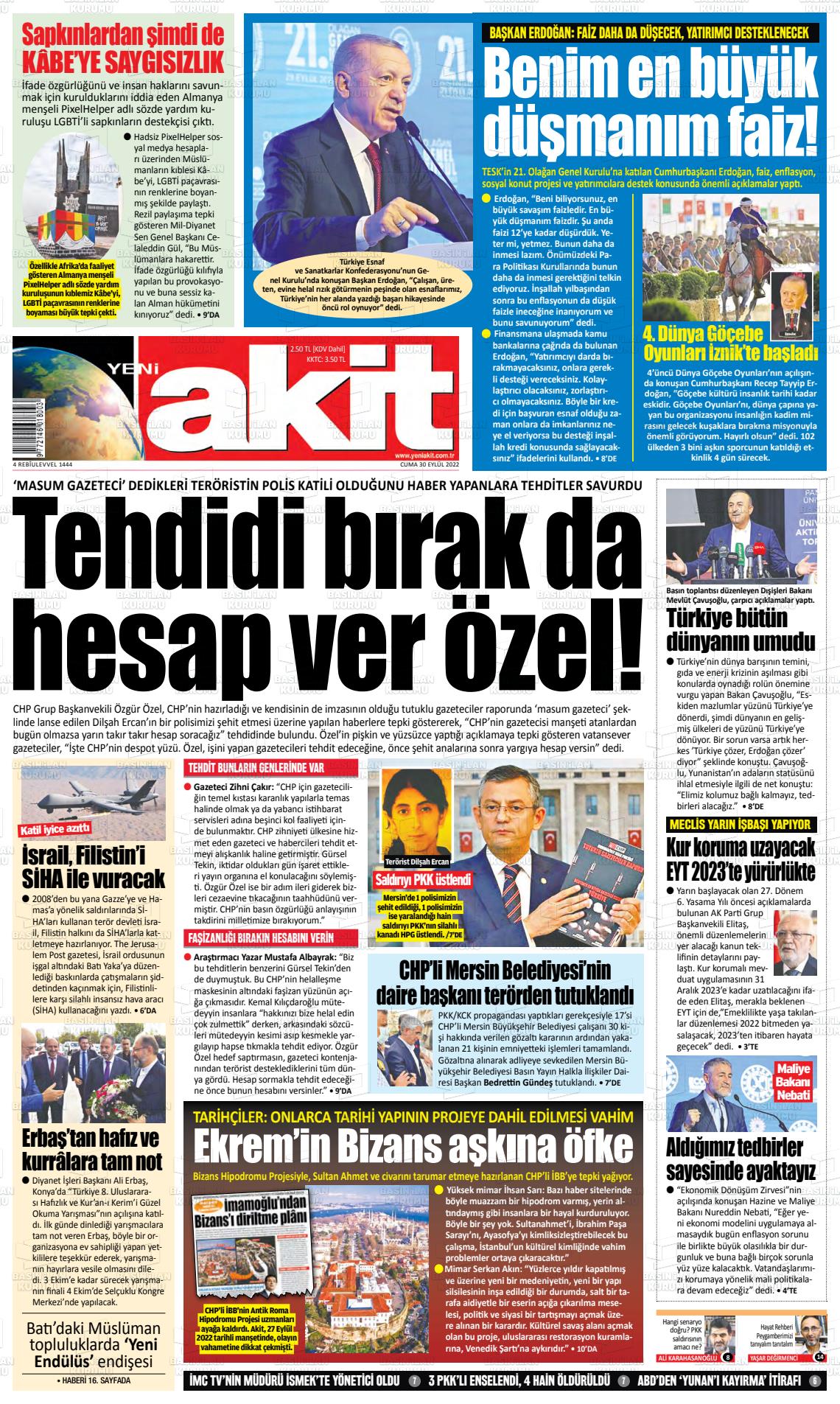 30 Eylül 2022 Yeni Akit Gazete Manşeti