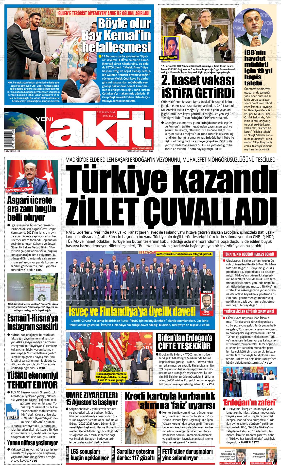30 Haziran 2022 Yeni Akit Gazete Manşeti