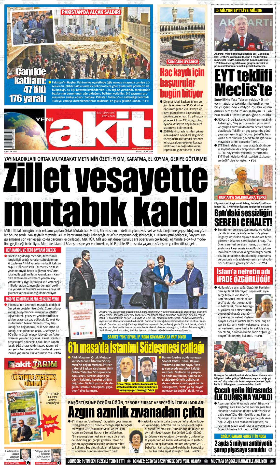 31 Ocak 2023 Yeni Akit Gazete Manşeti