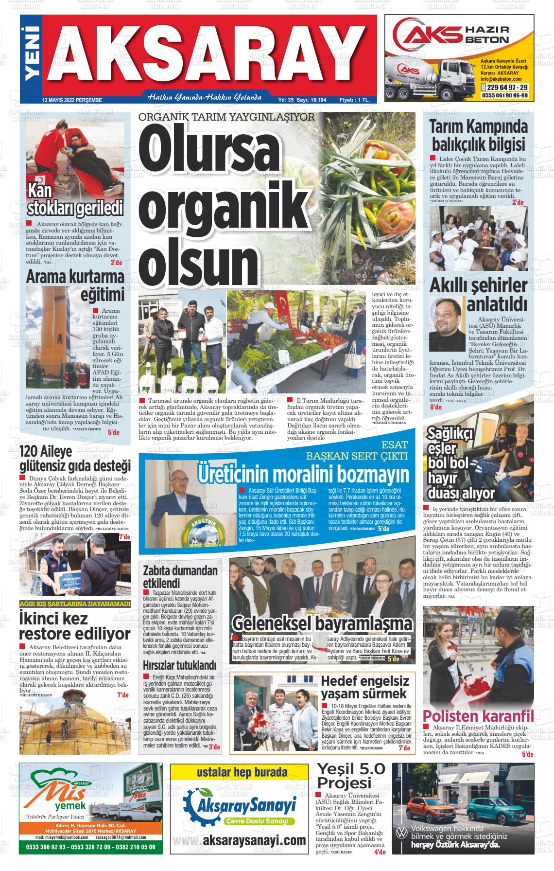 12 Mayıs 2022 Yeni Aksaray Gazete Manşeti
