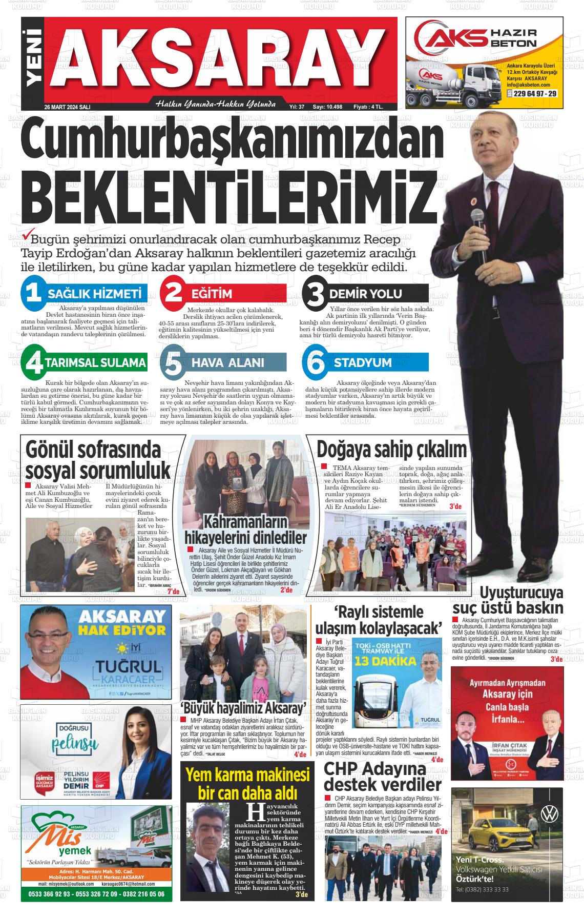 26 Mart 2024 Yeni Aksaray Gazete Manşeti