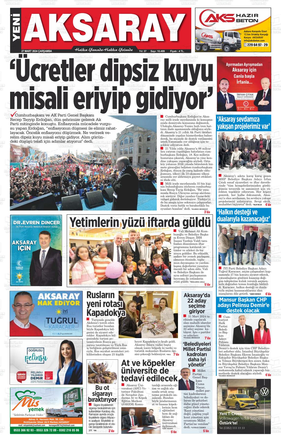 27 Mart 2024 Yeni Aksaray Gazete Manşeti