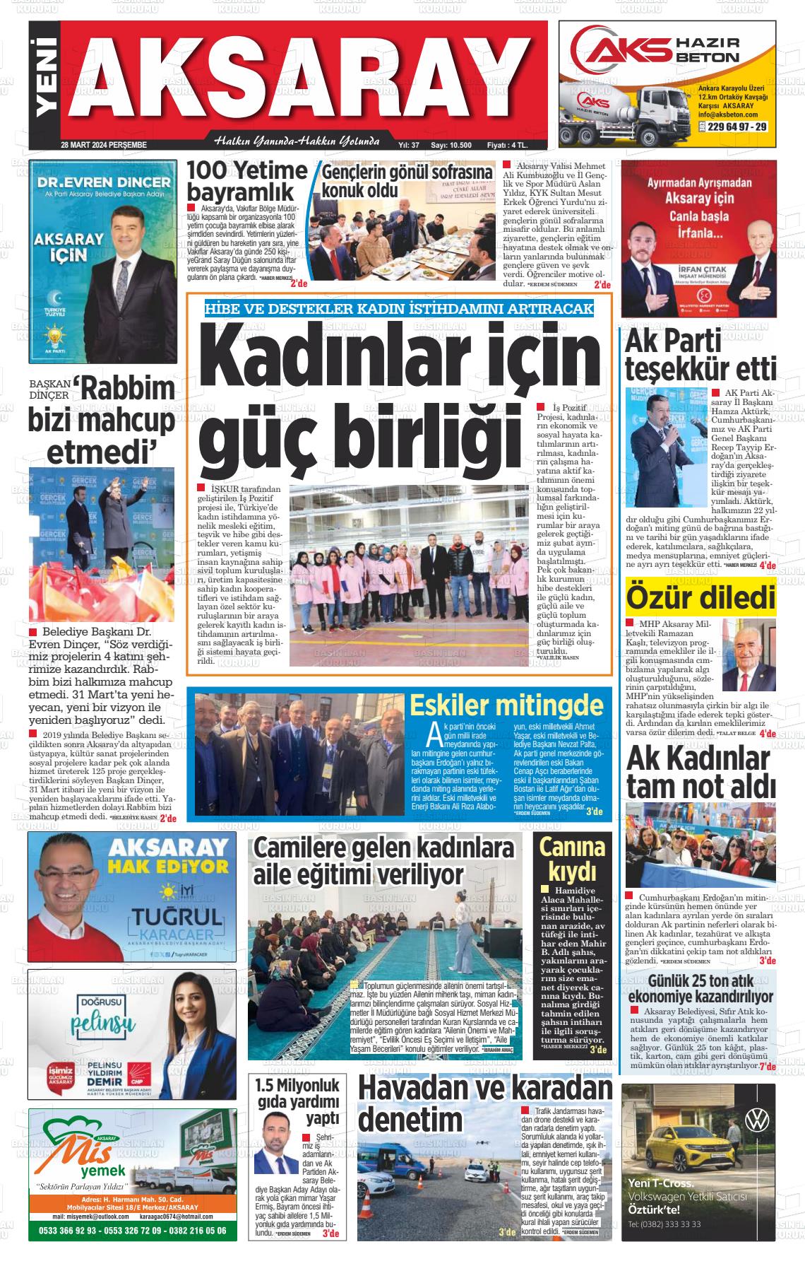 28 Mart 2024 Yeni Aksaray Gazete Manşeti