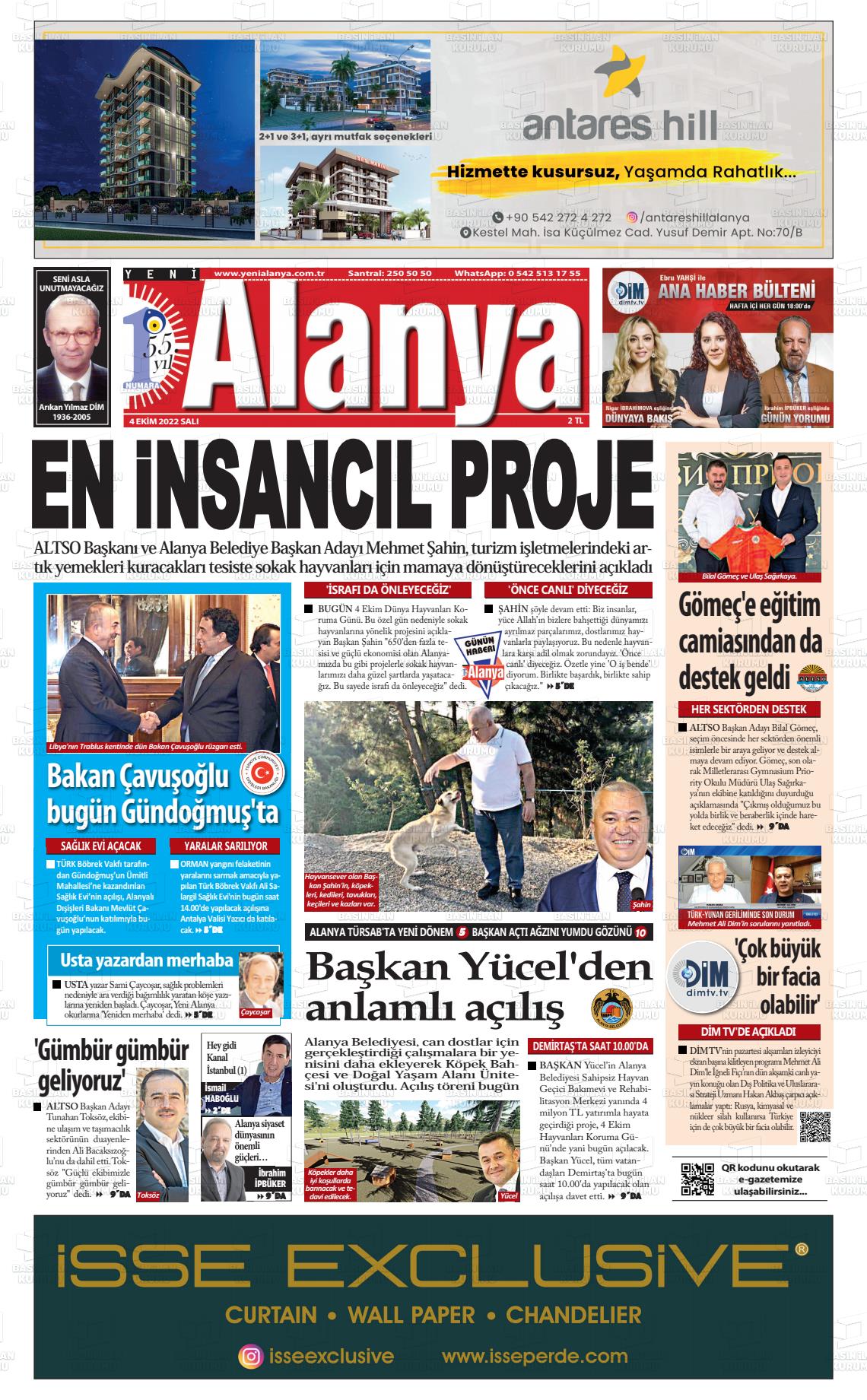 04 Ekim 2022 Yeni Alanya Gazete Manşeti