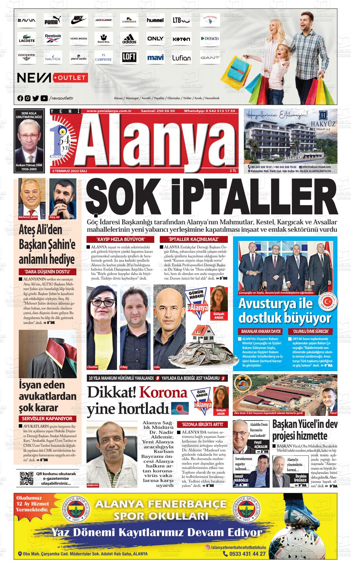 05 Temmuz 2022 Yeni Alanya Gazete Manşeti
