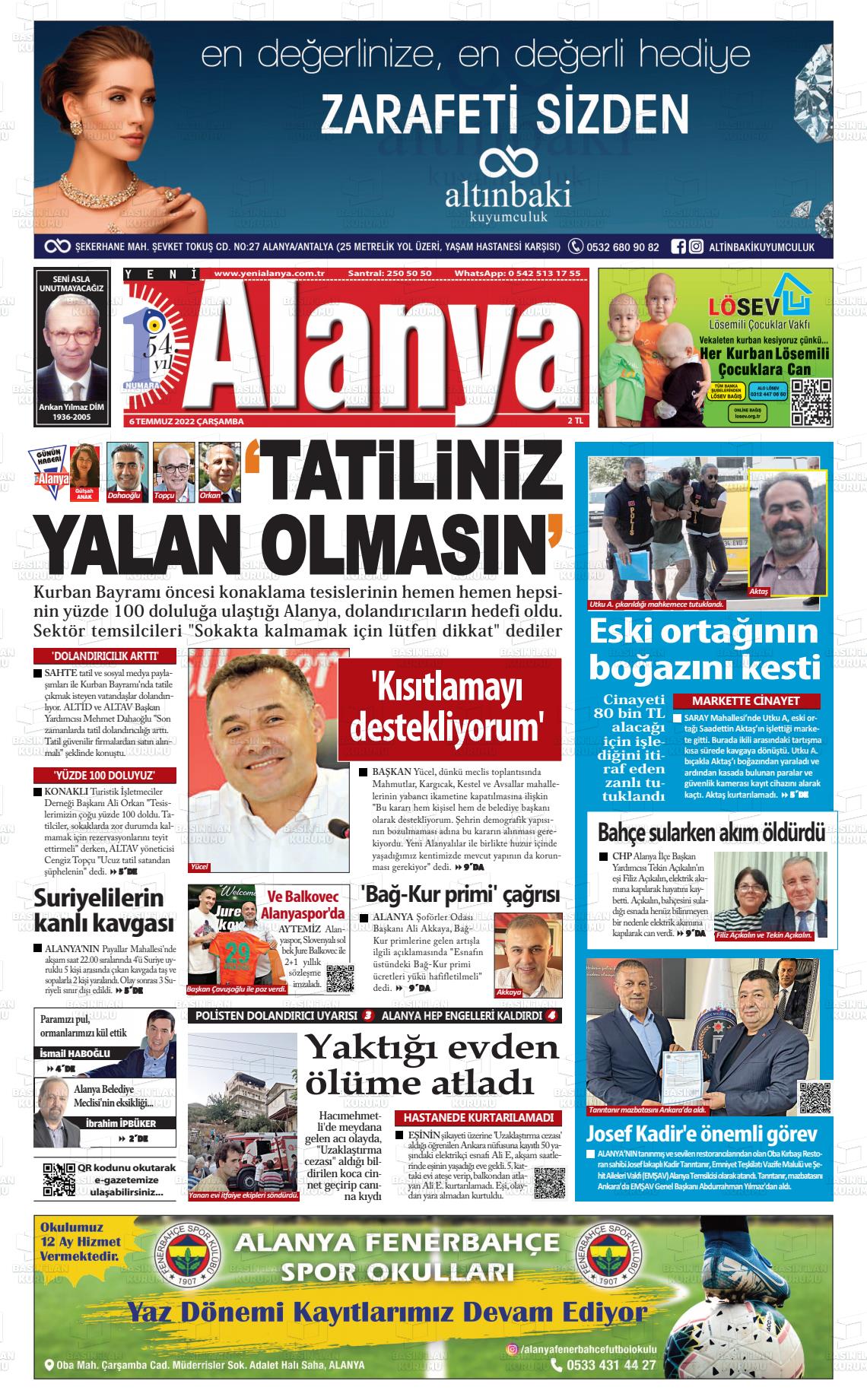 06 Temmuz 2022 Yeni Alanya Gazete Manşeti