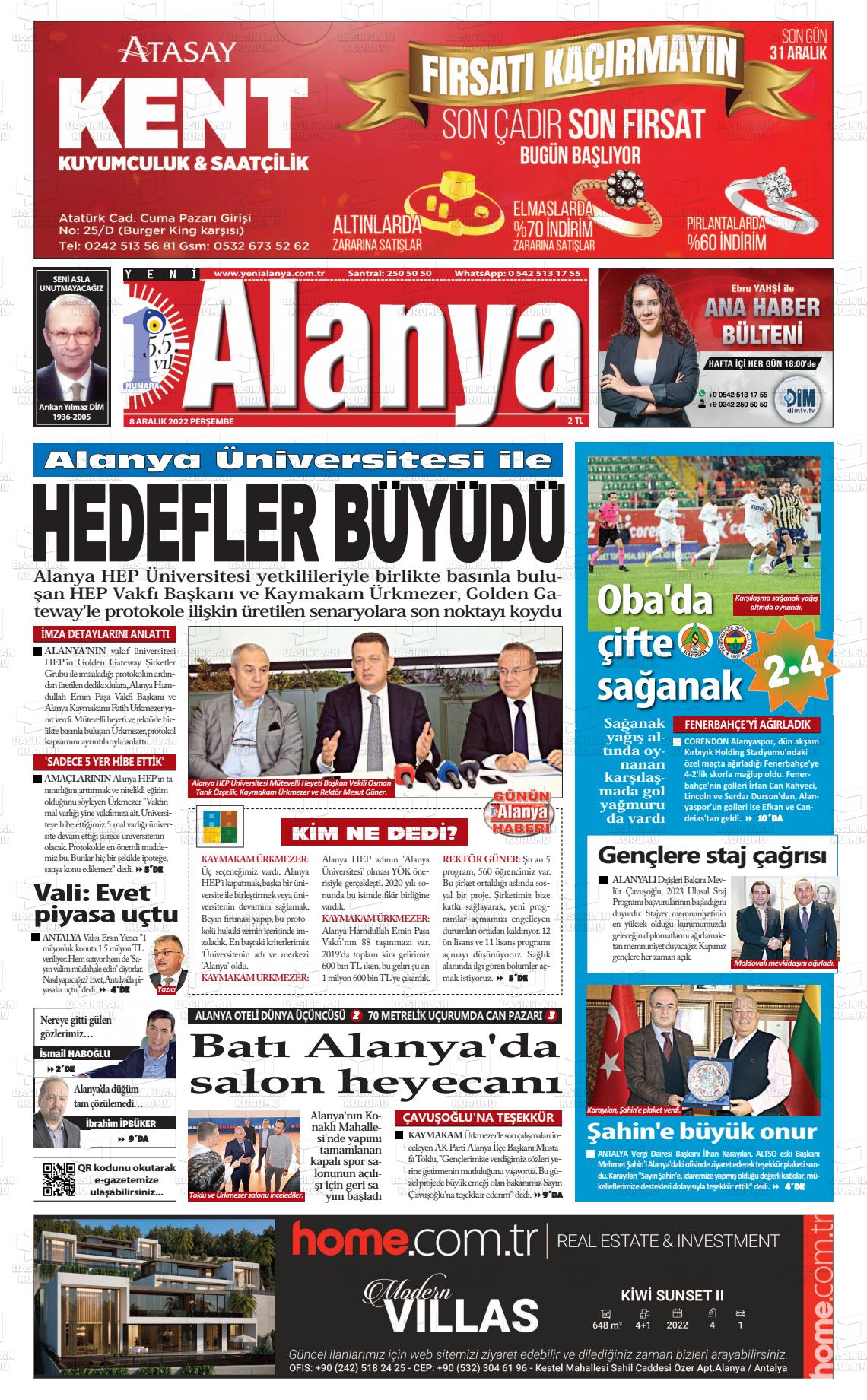 08 Aralık 2022 Yeni Alanya Gazete Manşeti
