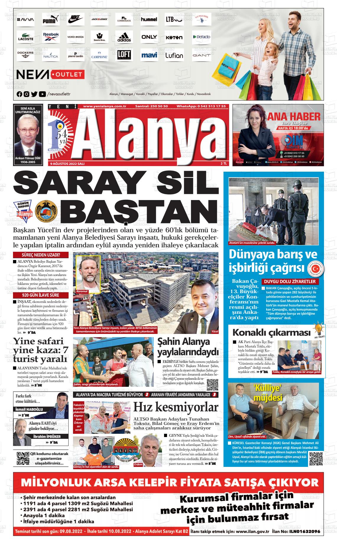 09 Ağustos 2022 Yeni Alanya Gazete Manşeti