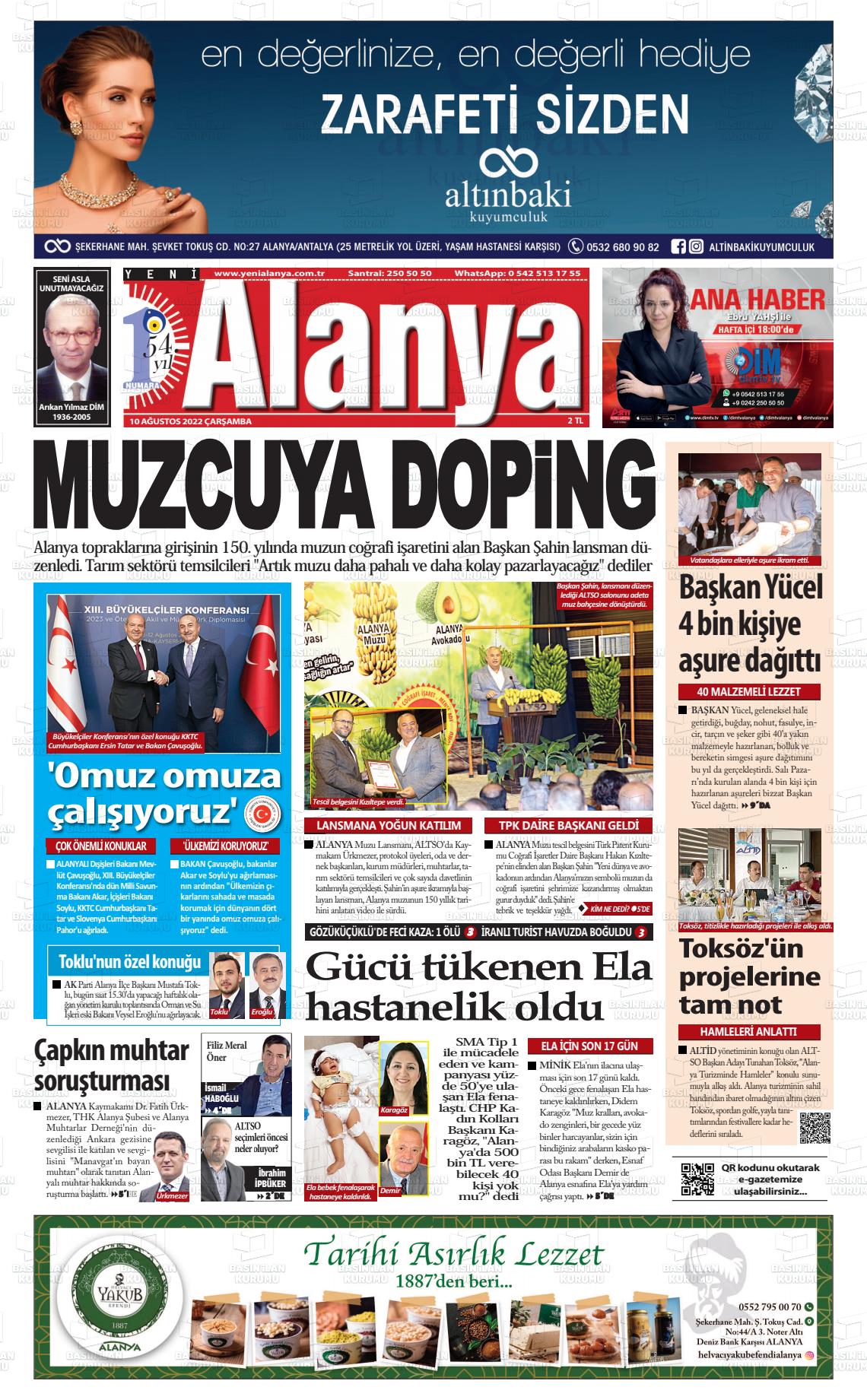 10 Ağustos 2022 Yeni Alanya Gazete Manşeti
