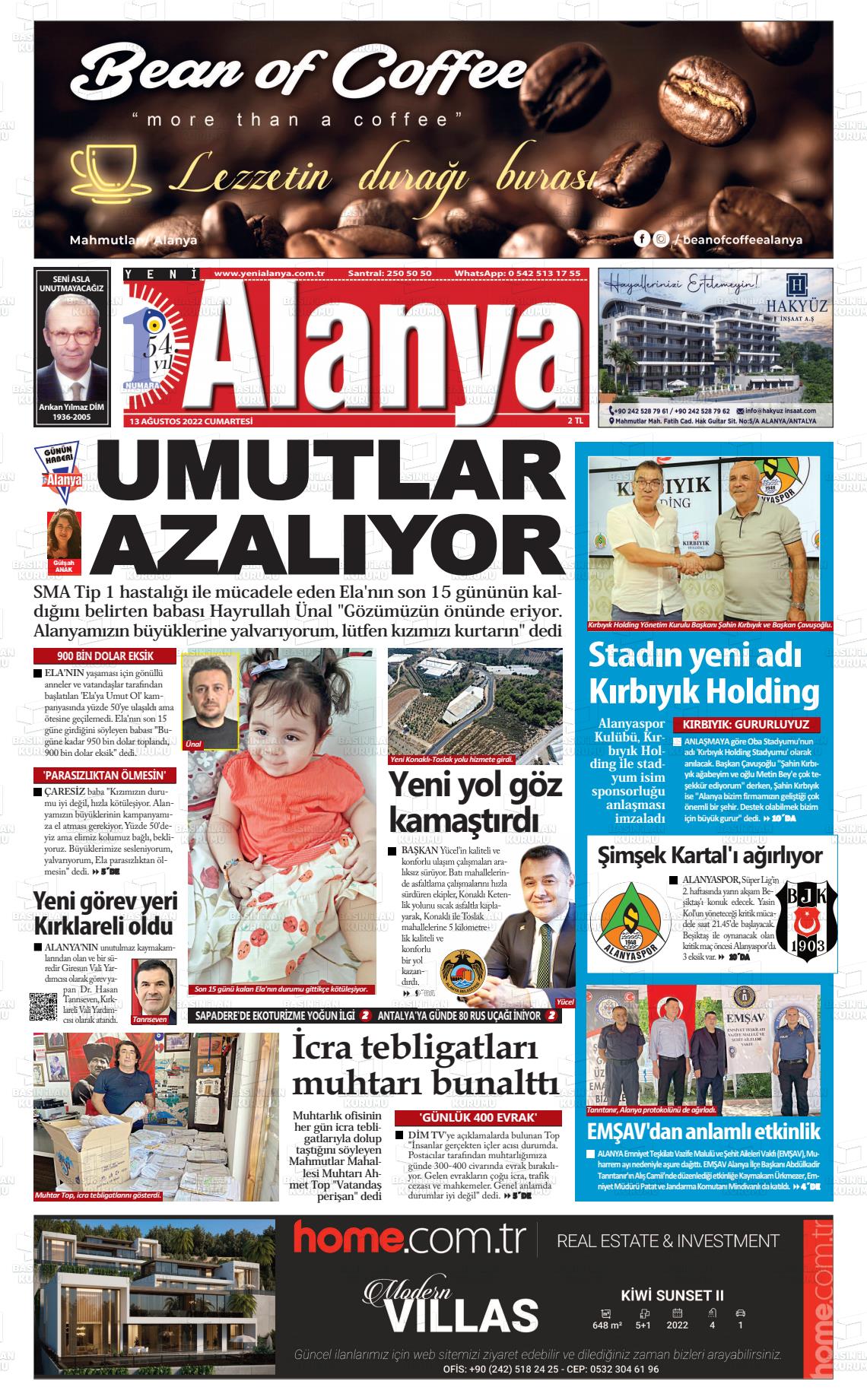 13 Ağustos 2022 Yeni Alanya Gazete Manşeti