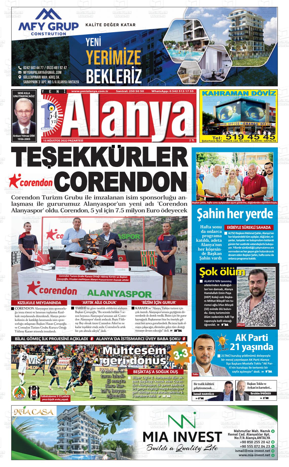15 Ağustos 2022 Yeni Alanya Gazete Manşeti