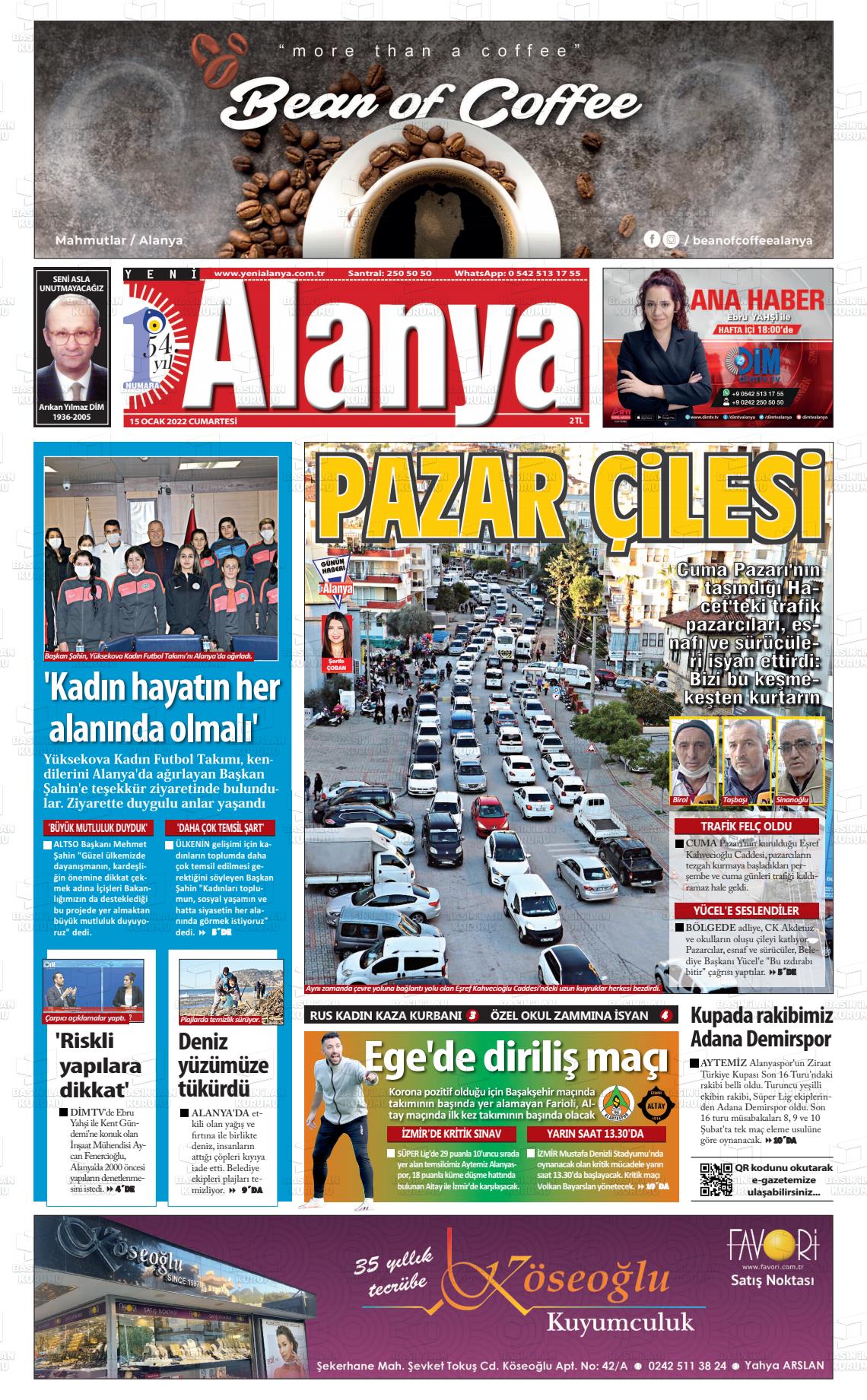 15 Ocak 2022 Yeni Alanya Gazete Manşeti