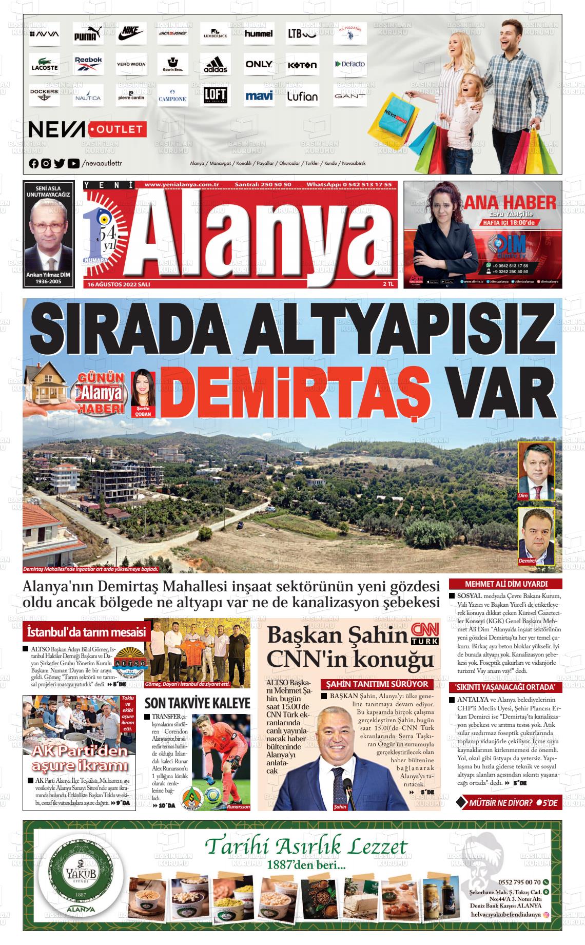 16 Ağustos 2022 Yeni Alanya Gazete Manşeti