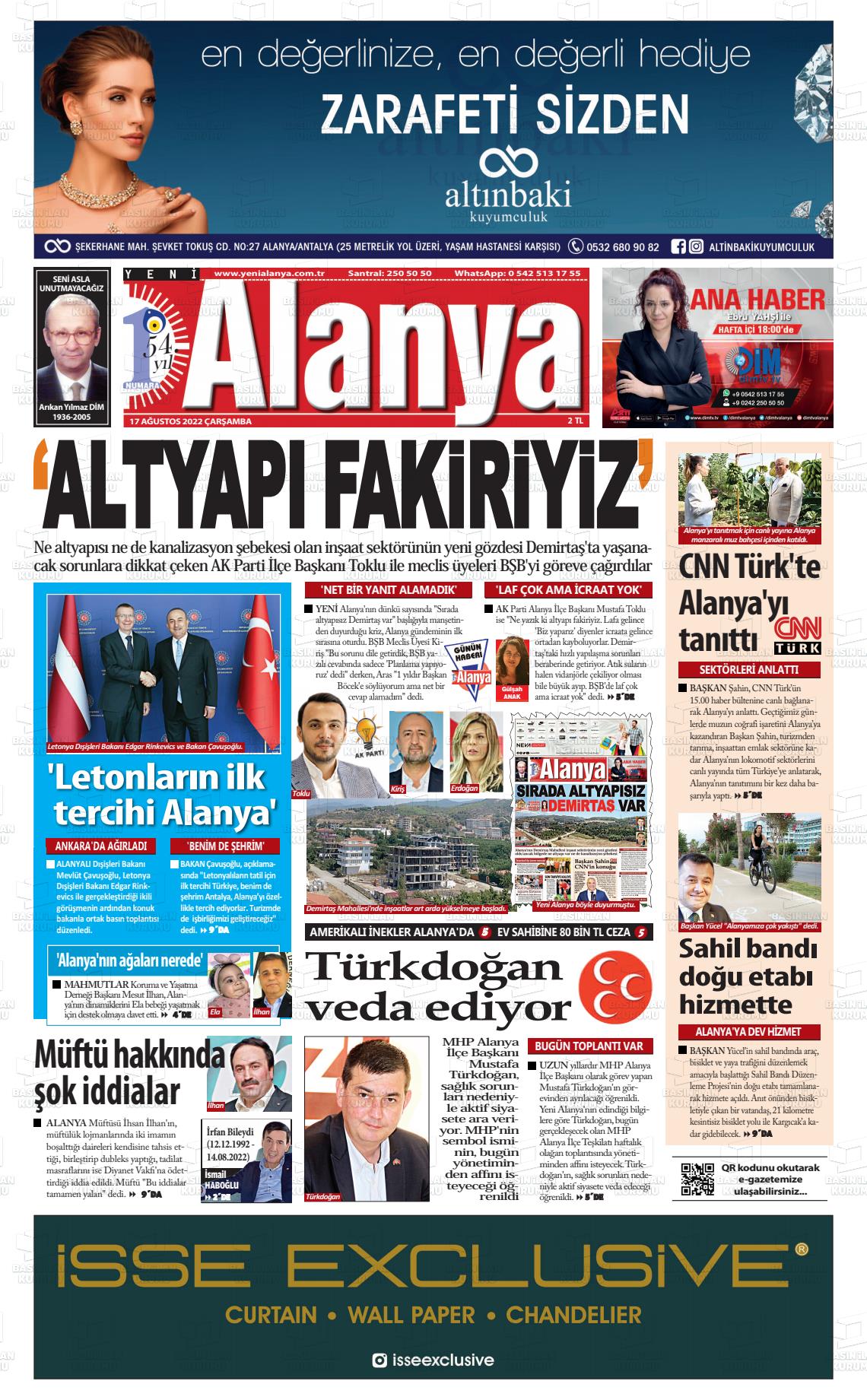 17 Ağustos 2022 Yeni Alanya Gazete Manşeti