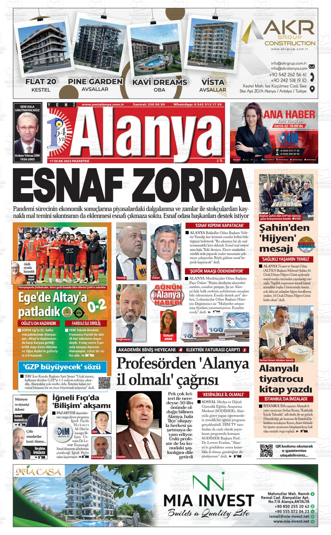 17 Ocak 2022 Yeni Alanya Gazete Manşeti