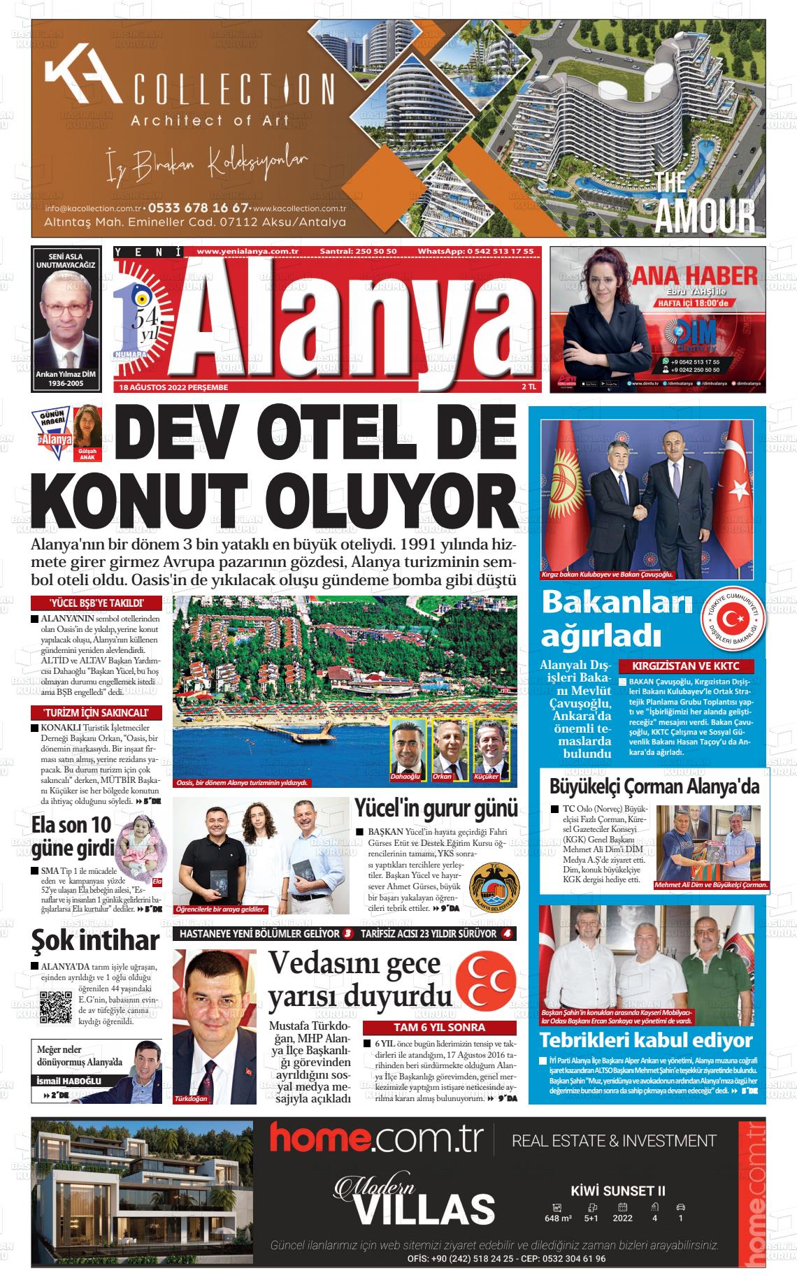 18 Ağustos 2022 Yeni Alanya Gazete Manşeti
