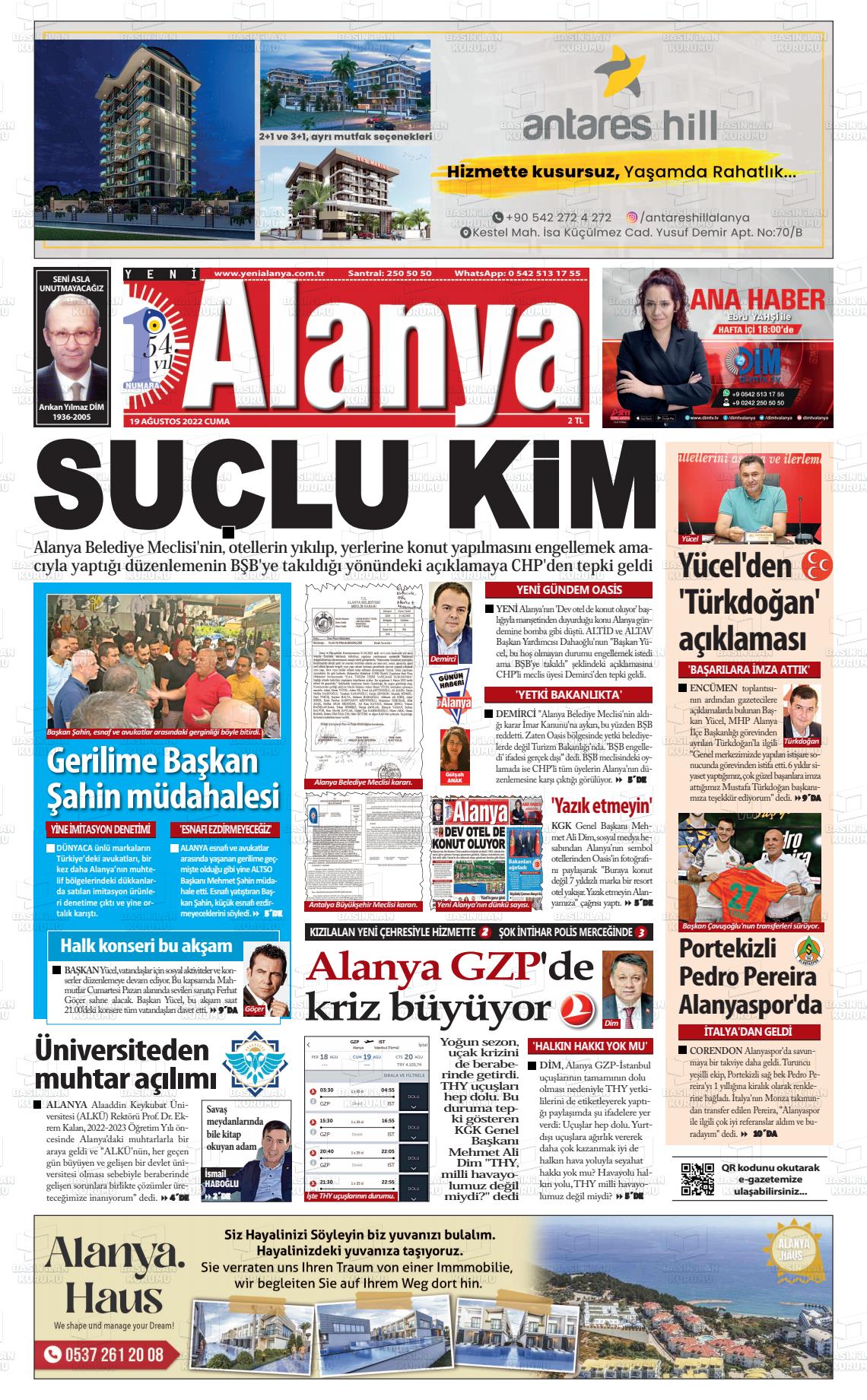 19 Ağustos 2022 Yeni Alanya Gazete Manşeti