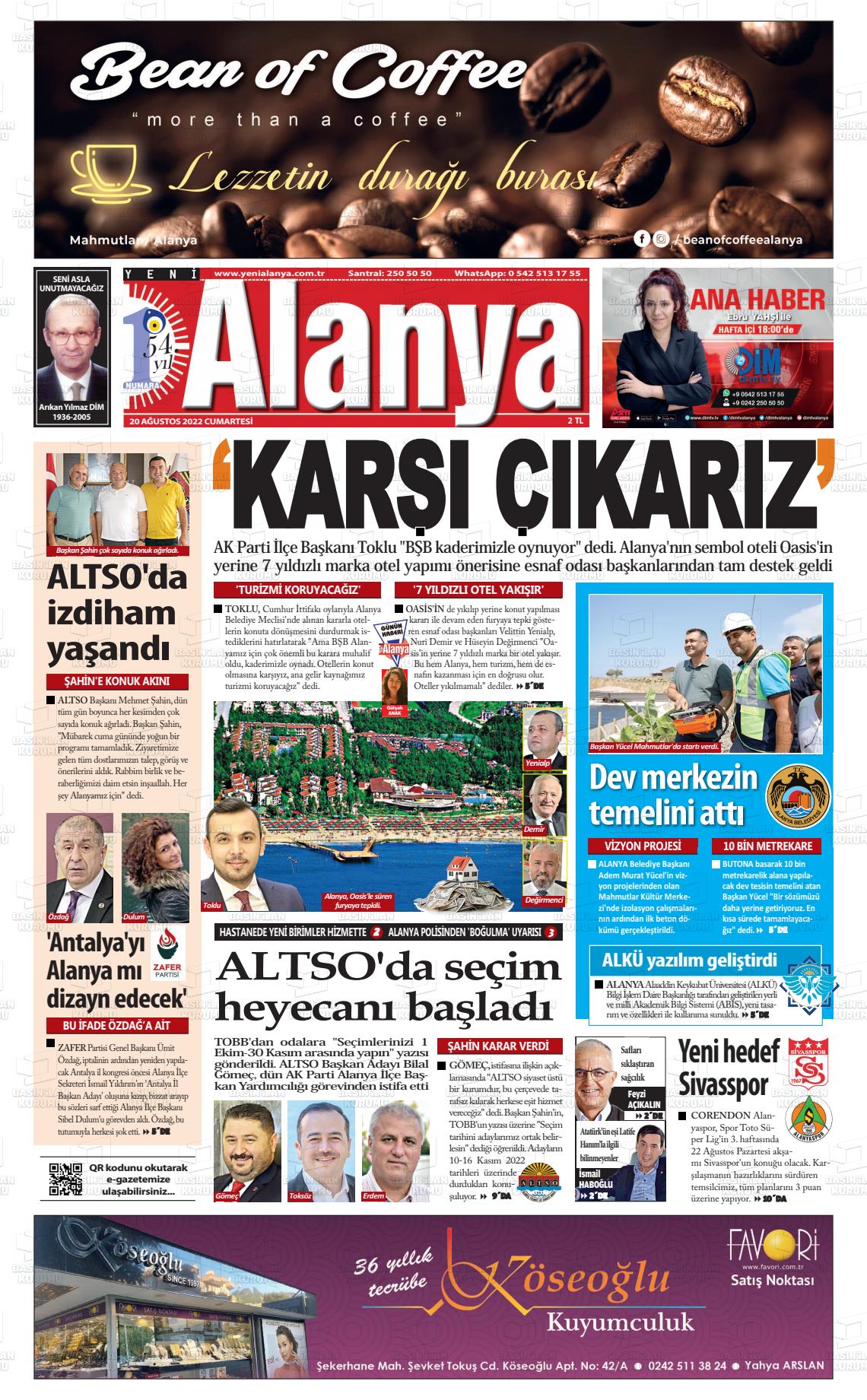 20 Ağustos 2022 Yeni Alanya Gazete Manşeti