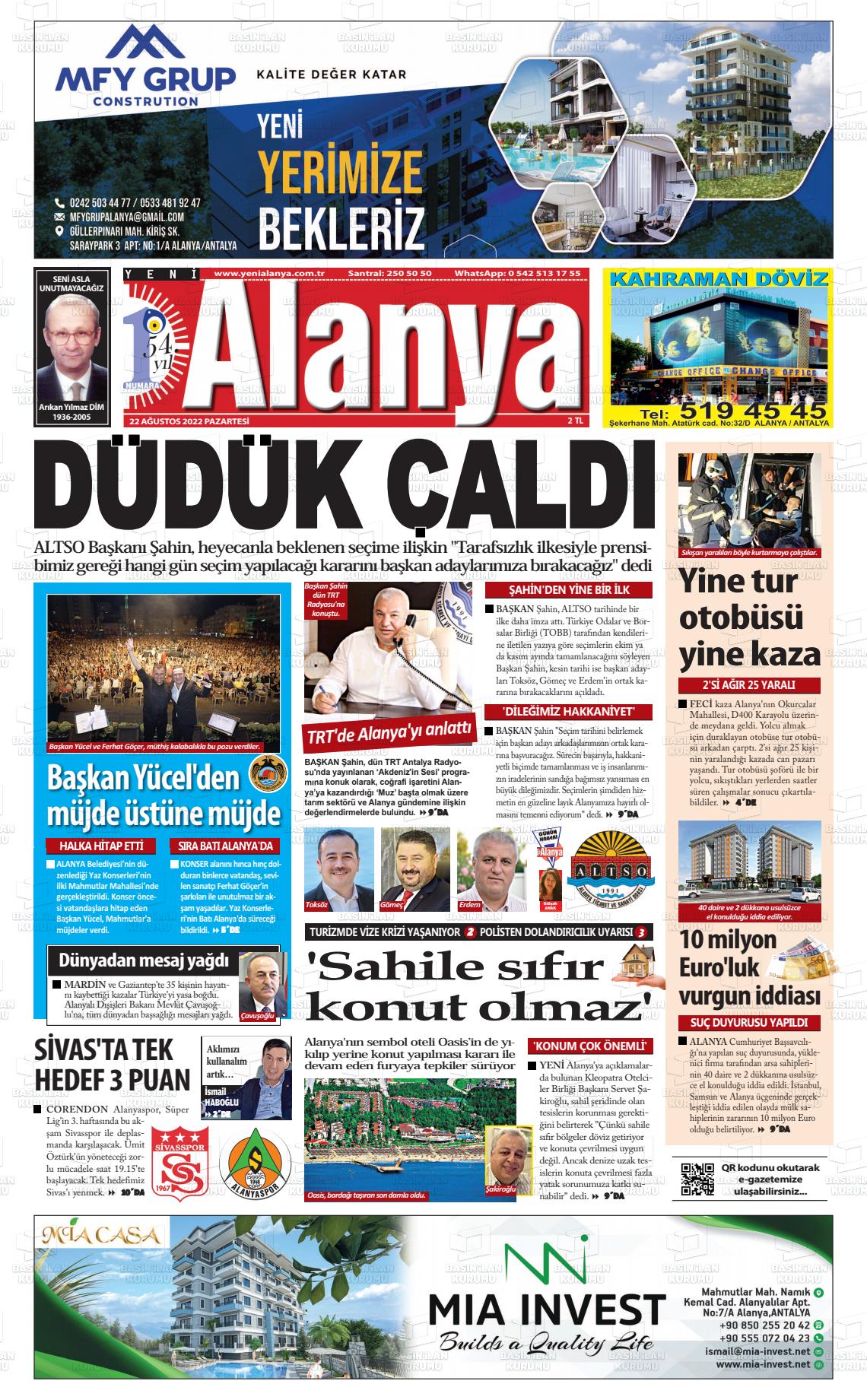 22 Ağustos 2022 Yeni Alanya Gazete Manşeti