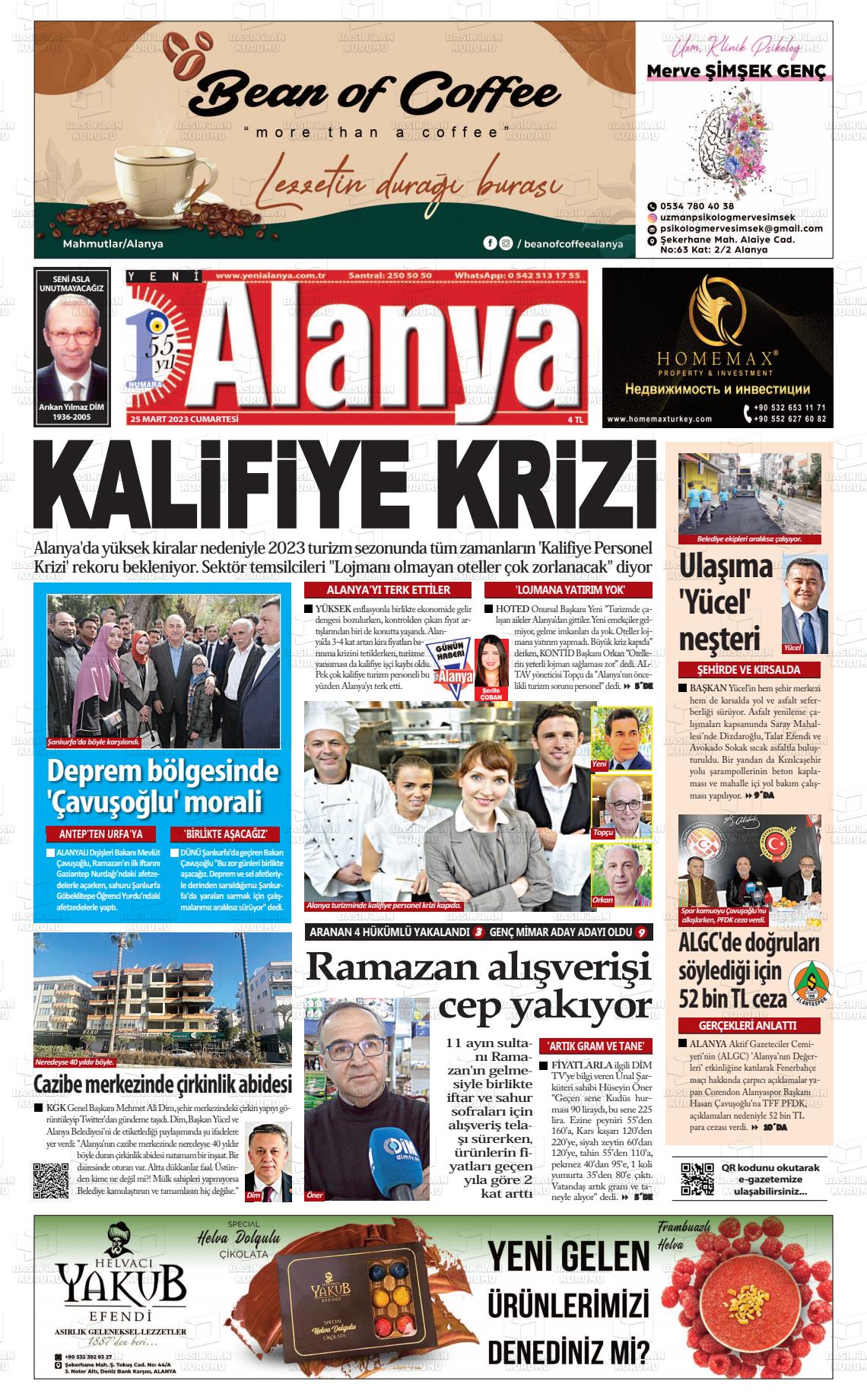 25 Mart 2023 Yeni Alanya Gazete Manşeti