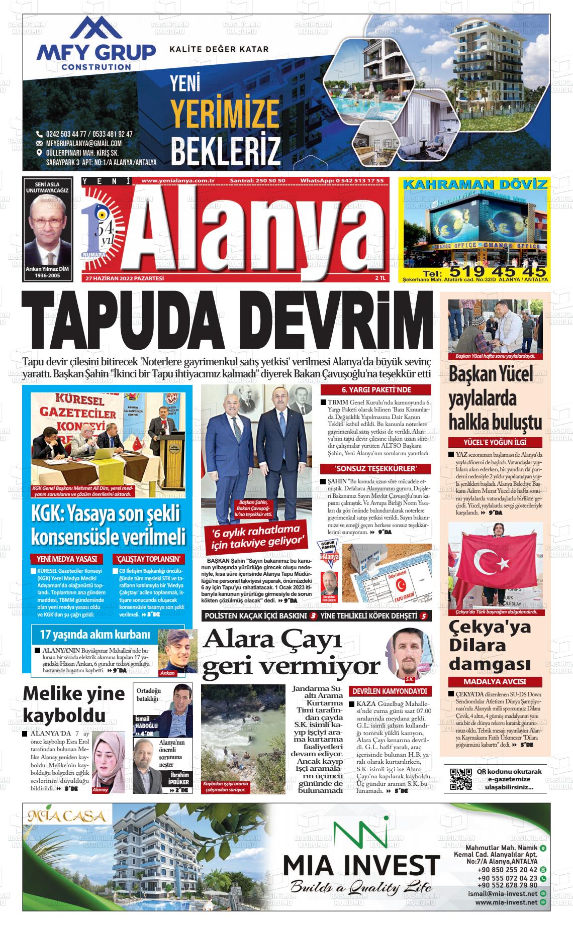 27 Haziran 2022 Yeni Alanya Gazete Manşeti