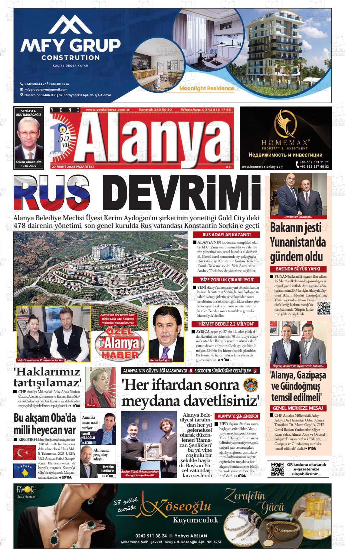 27 Mart 2023 Yeni Alanya Gazete Manşeti