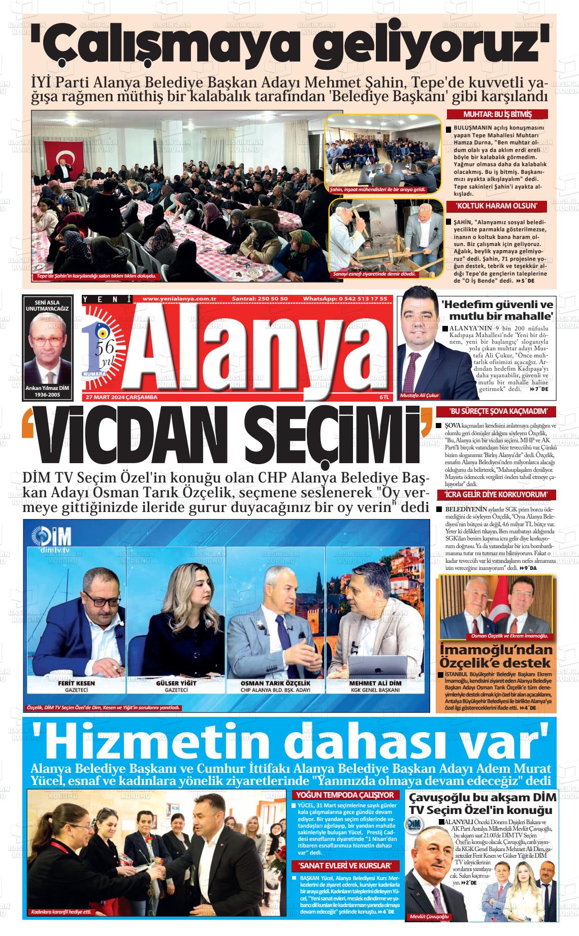 27 Mart 2024 Yeni Alanya Gazete Manşeti