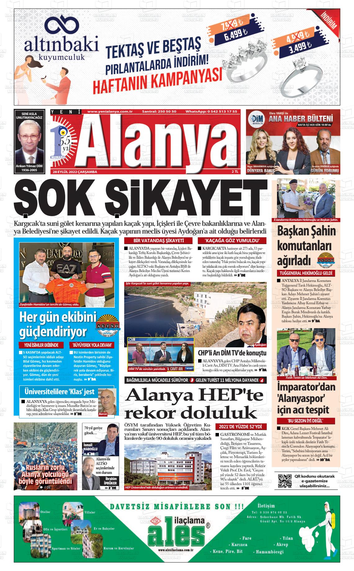 28 Eylül 2022 Yeni Alanya Gazete Manşeti