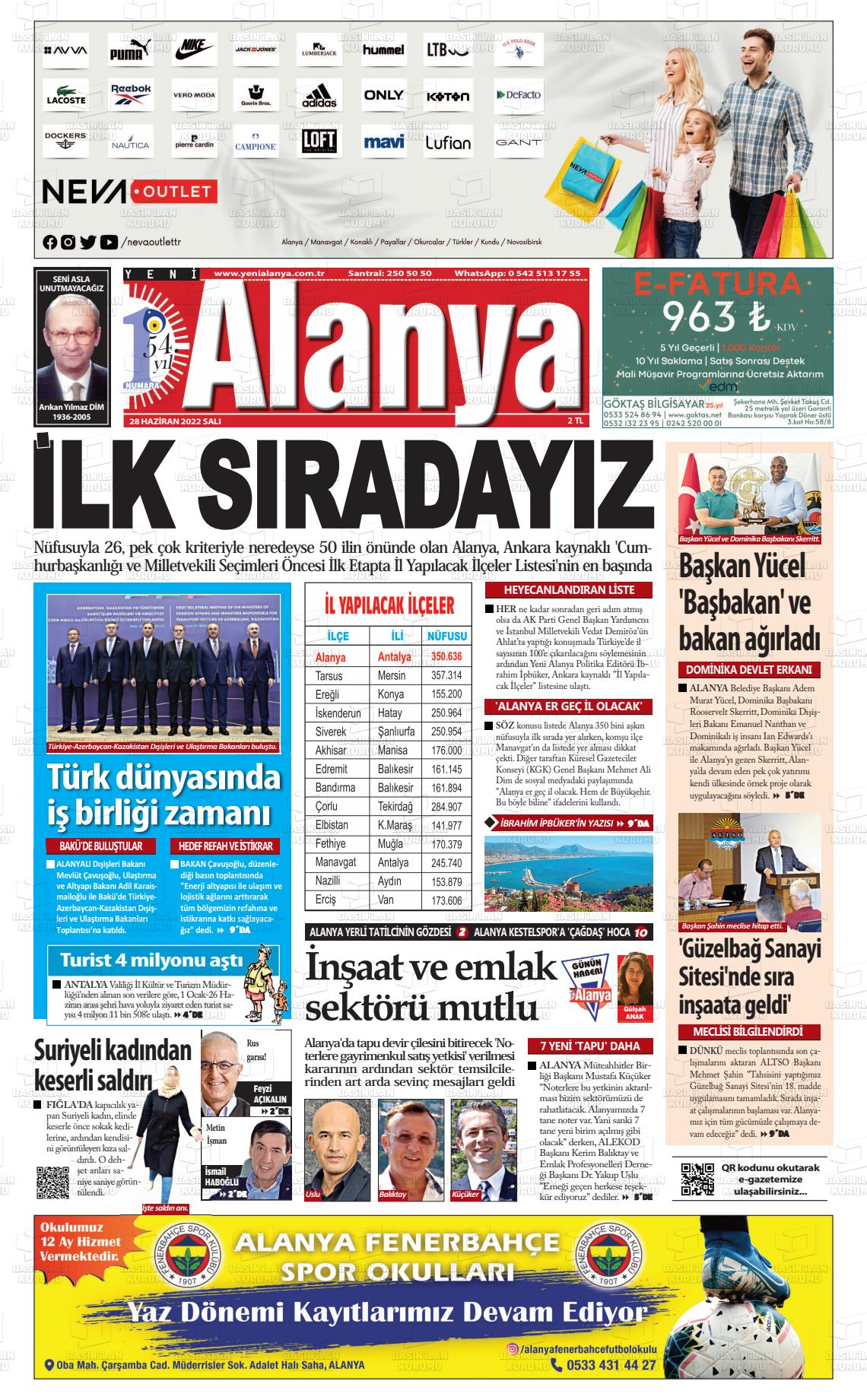 28 Haziran 2022 Yeni Alanya Gazete Manşeti