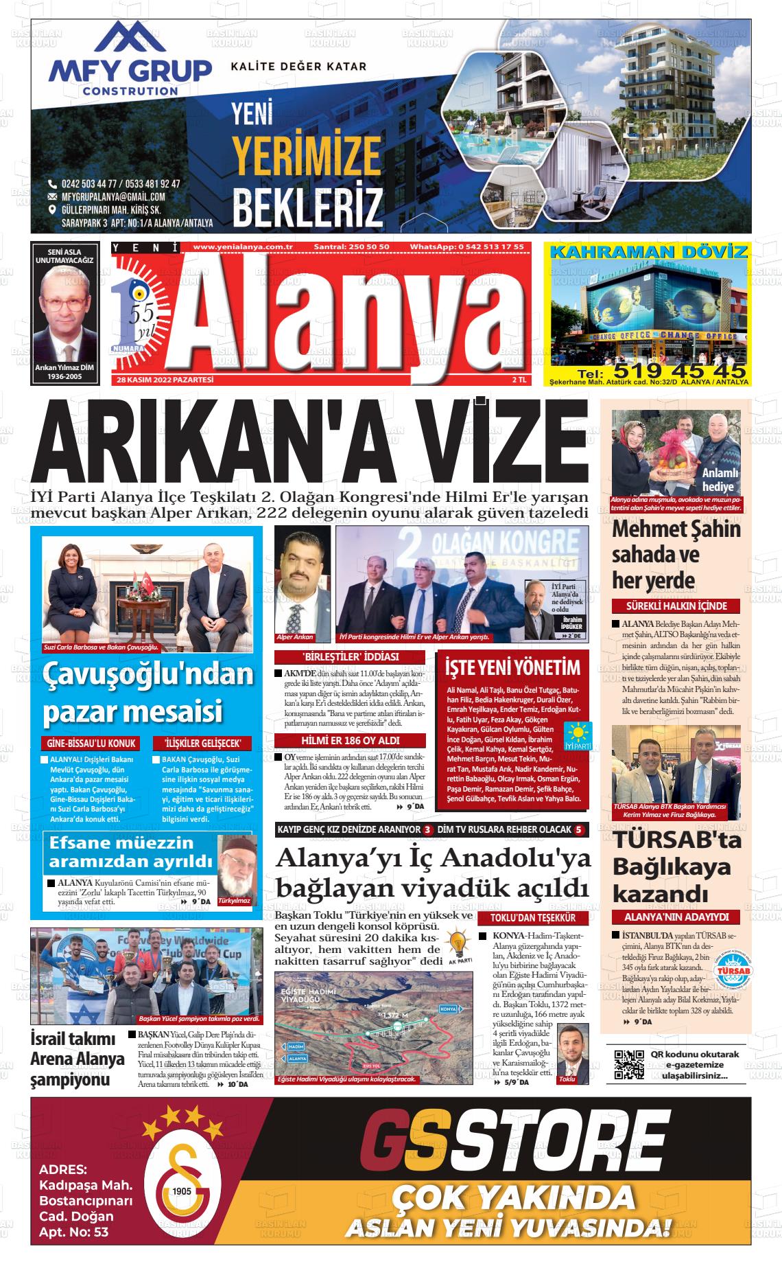28 Kasım 2022 Yeni Alanya Gazete Manşeti