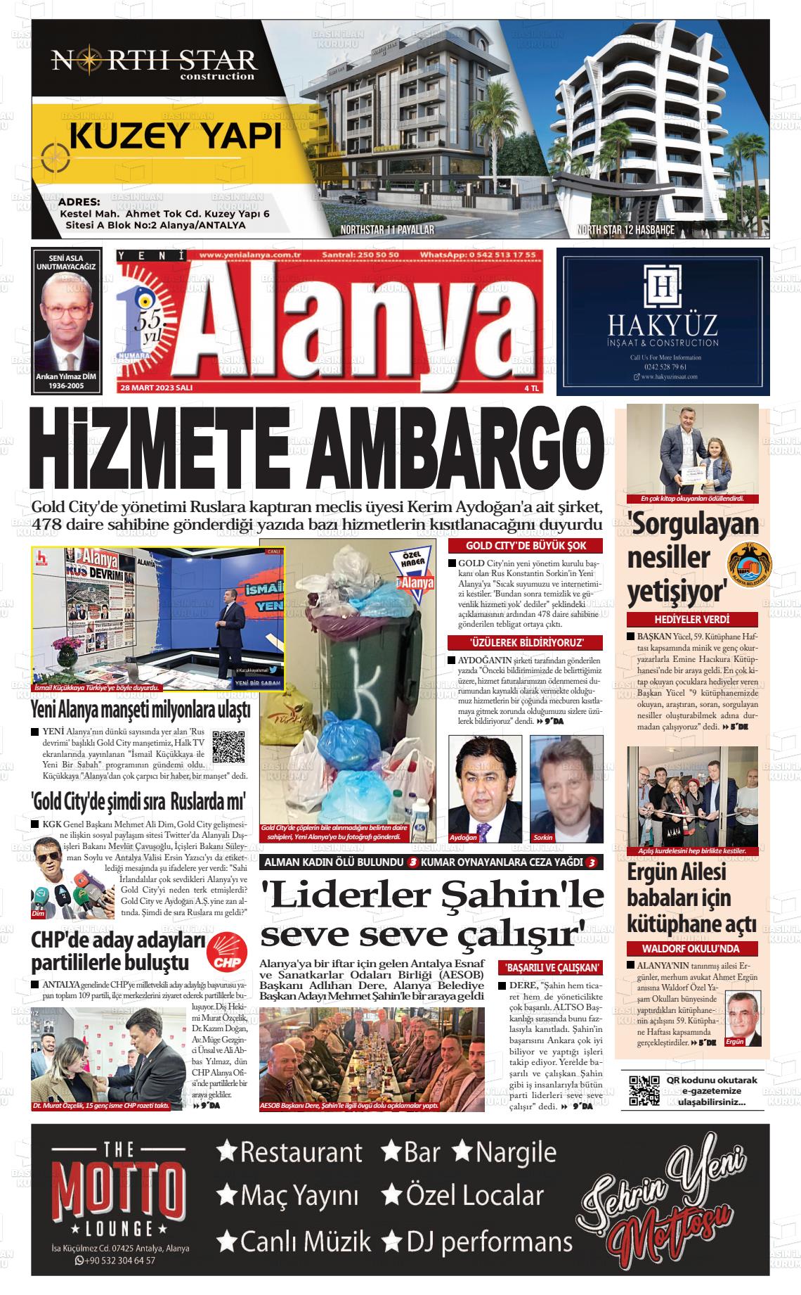28 Mart 2023 Yeni Alanya Gazete Manşeti