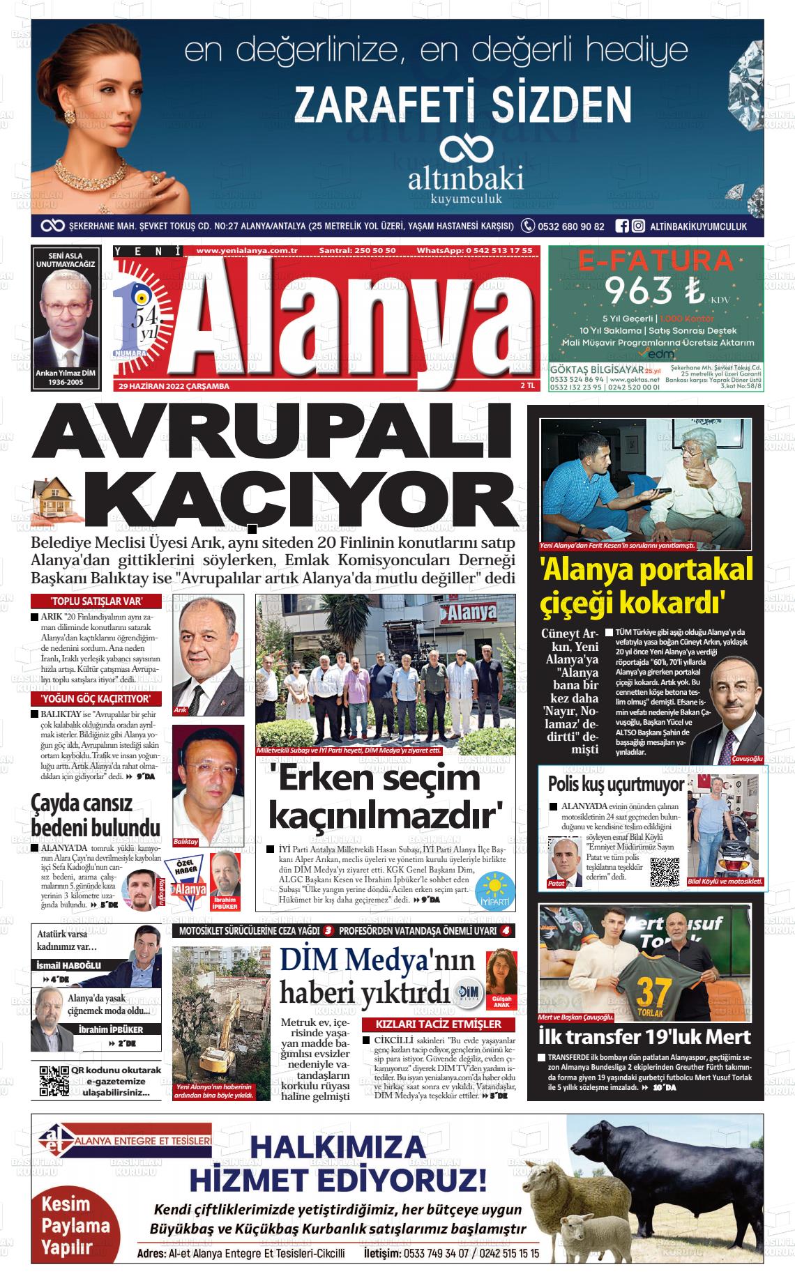 29 Haziran 2022 Yeni Alanya Gazete Manşeti