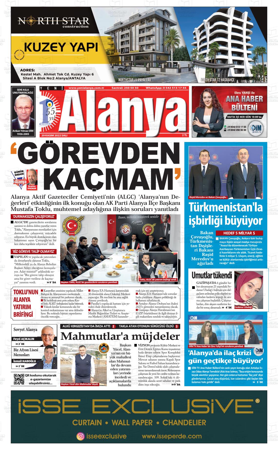 29 Kasım 2022 Yeni Alanya Gazete Manşeti