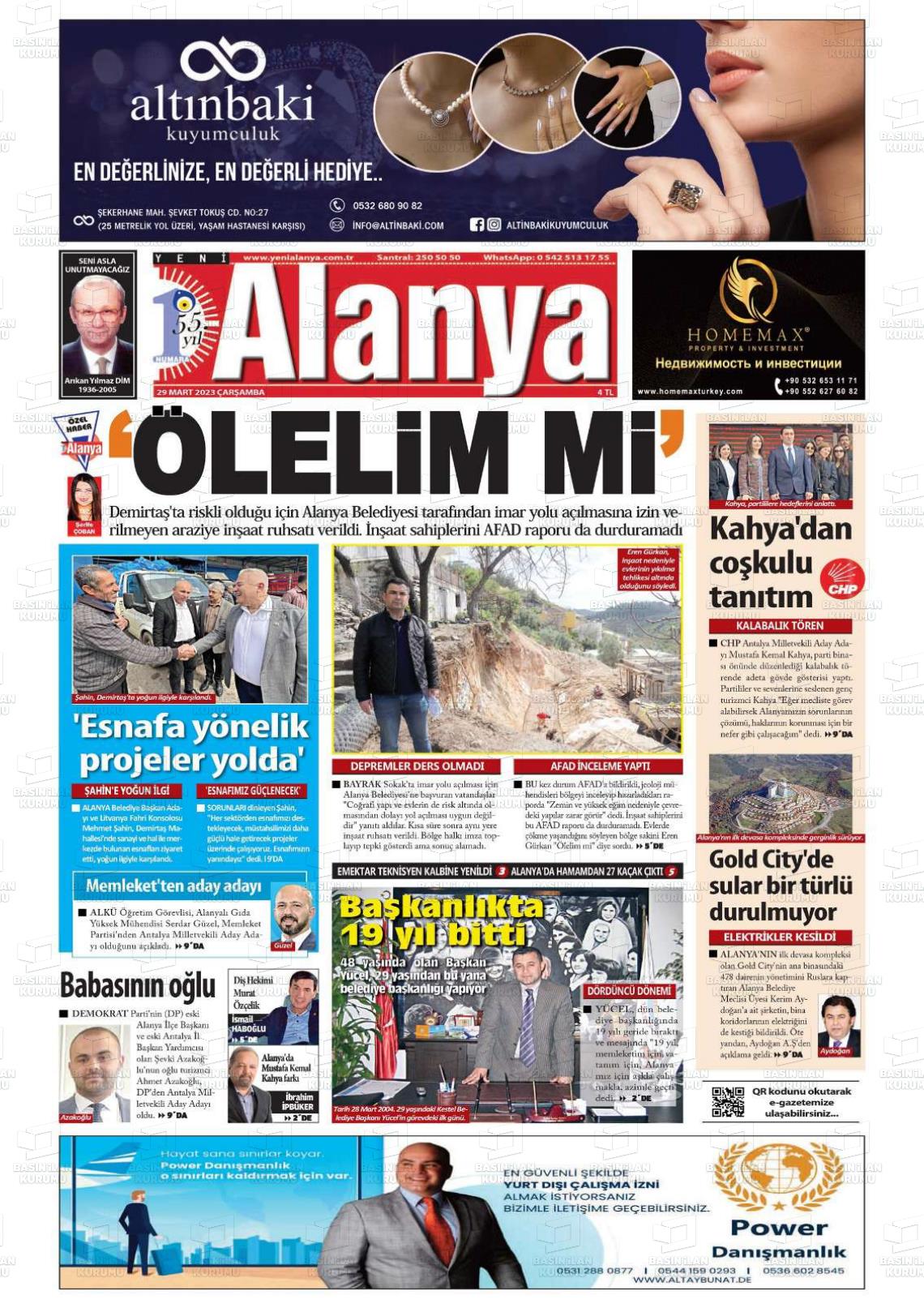 29 Mart 2023 Yeni Alanya Gazete Manşeti