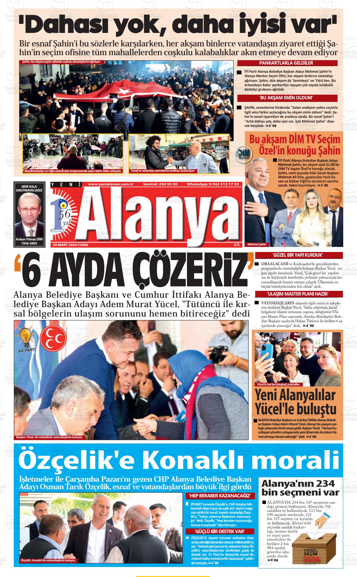 29 Mart 2024 Yeni Alanya Gazete Manşeti