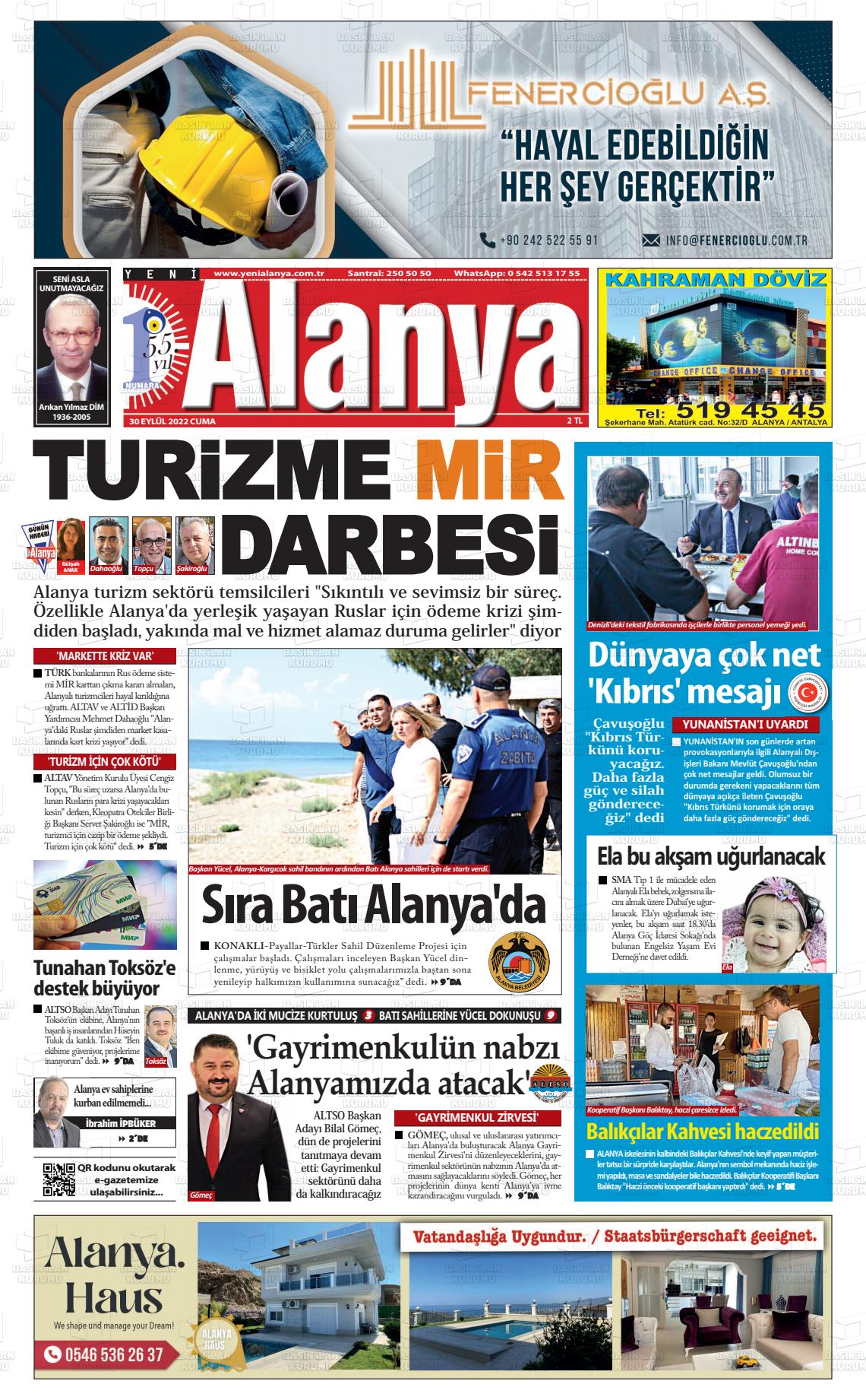 30 Eylül 2022 Yeni Alanya Gazete Manşeti