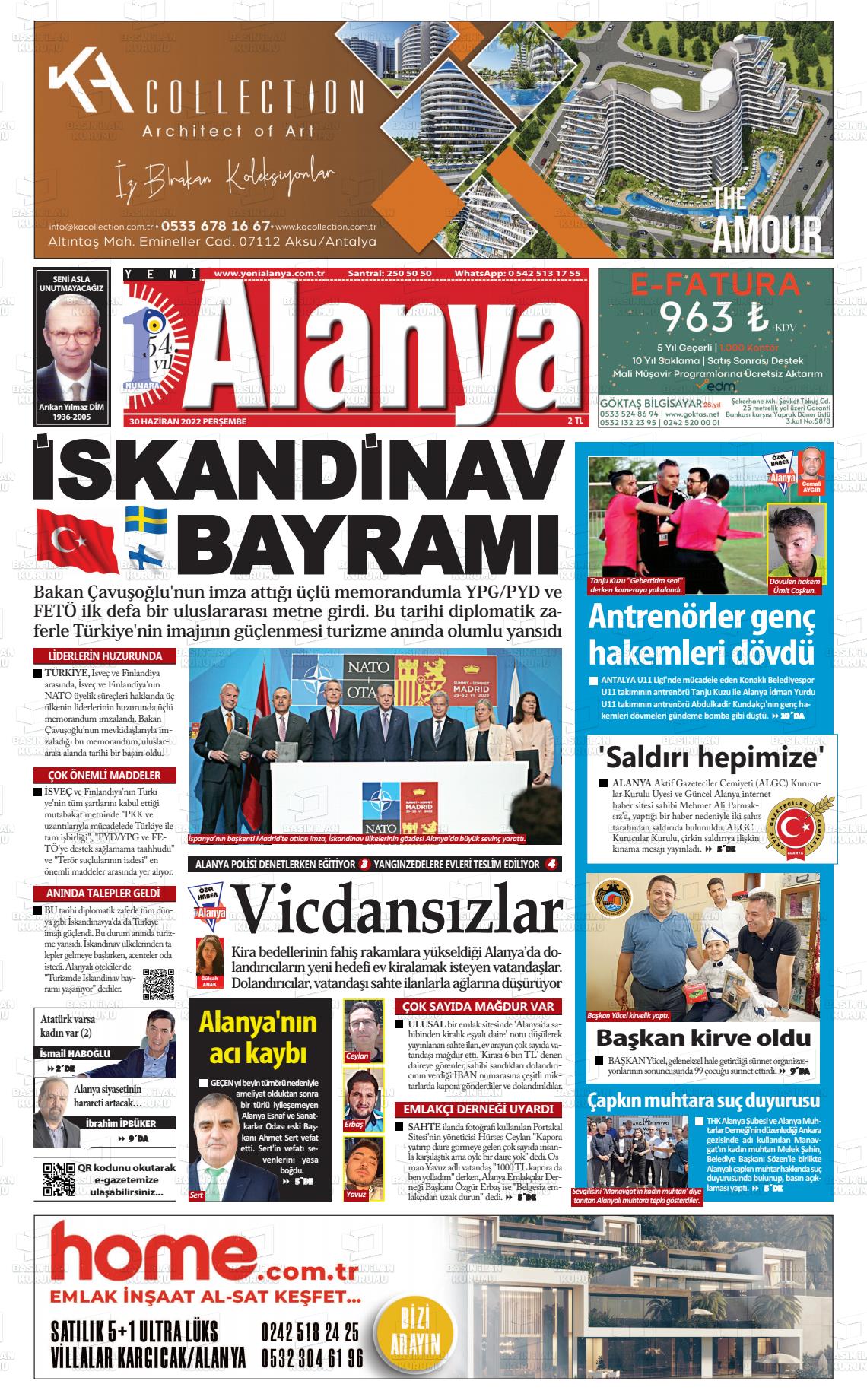 30 Haziran 2022 Yeni Alanya Gazete Manşeti