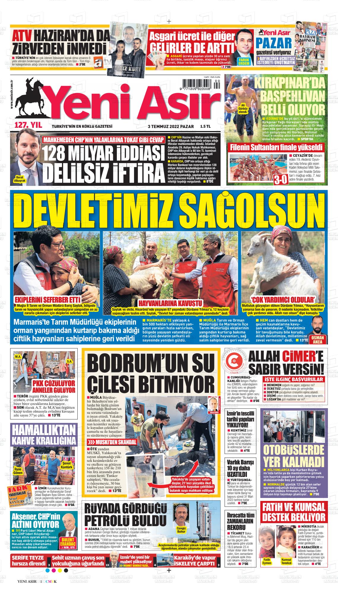 03 Temmuz 2022 Yeni Asır Gazete Manşeti