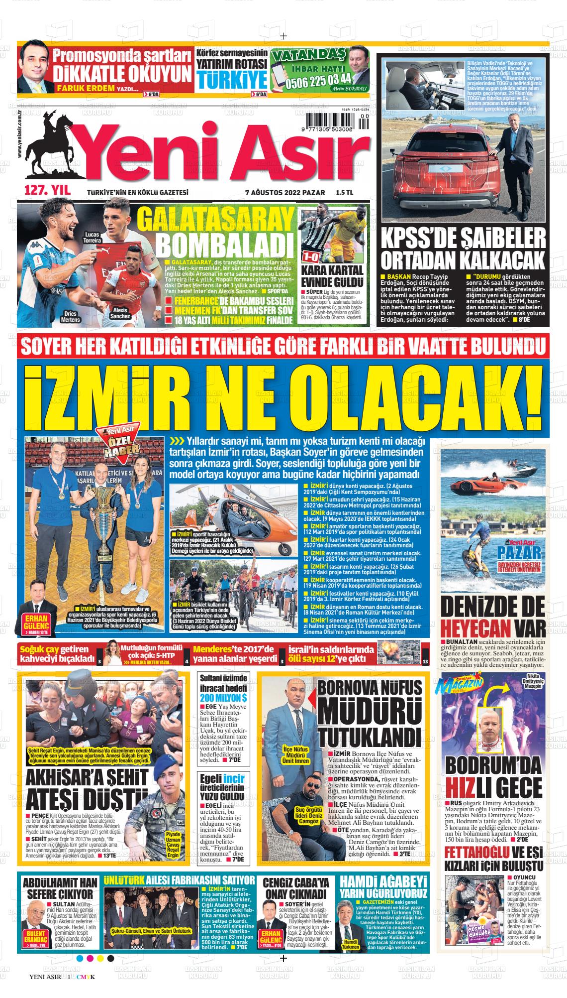 07 Ağustos 2022 Yeni Asır Gazete Manşeti