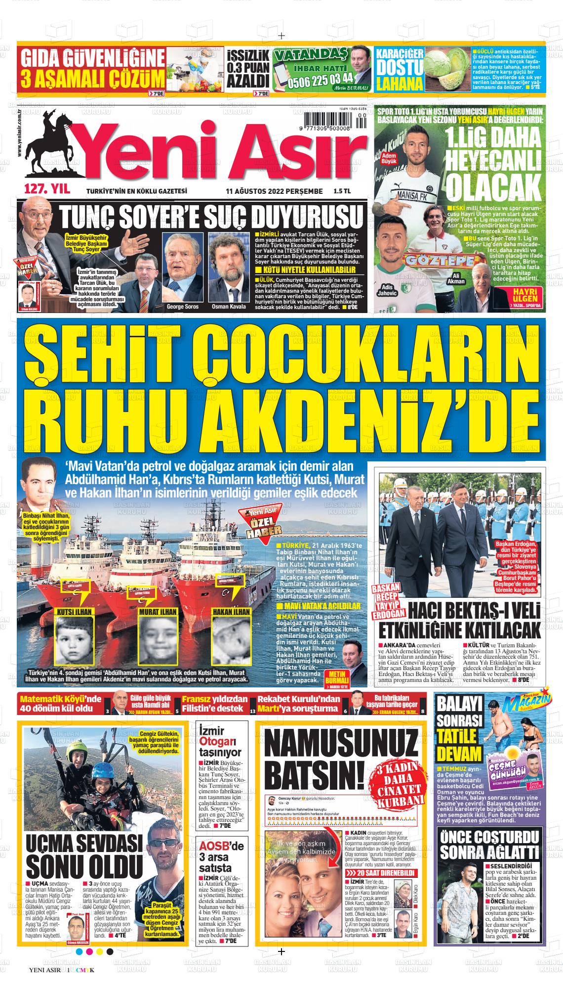 11 Ağustos 2022 Yeni Asır Gazete Manşeti